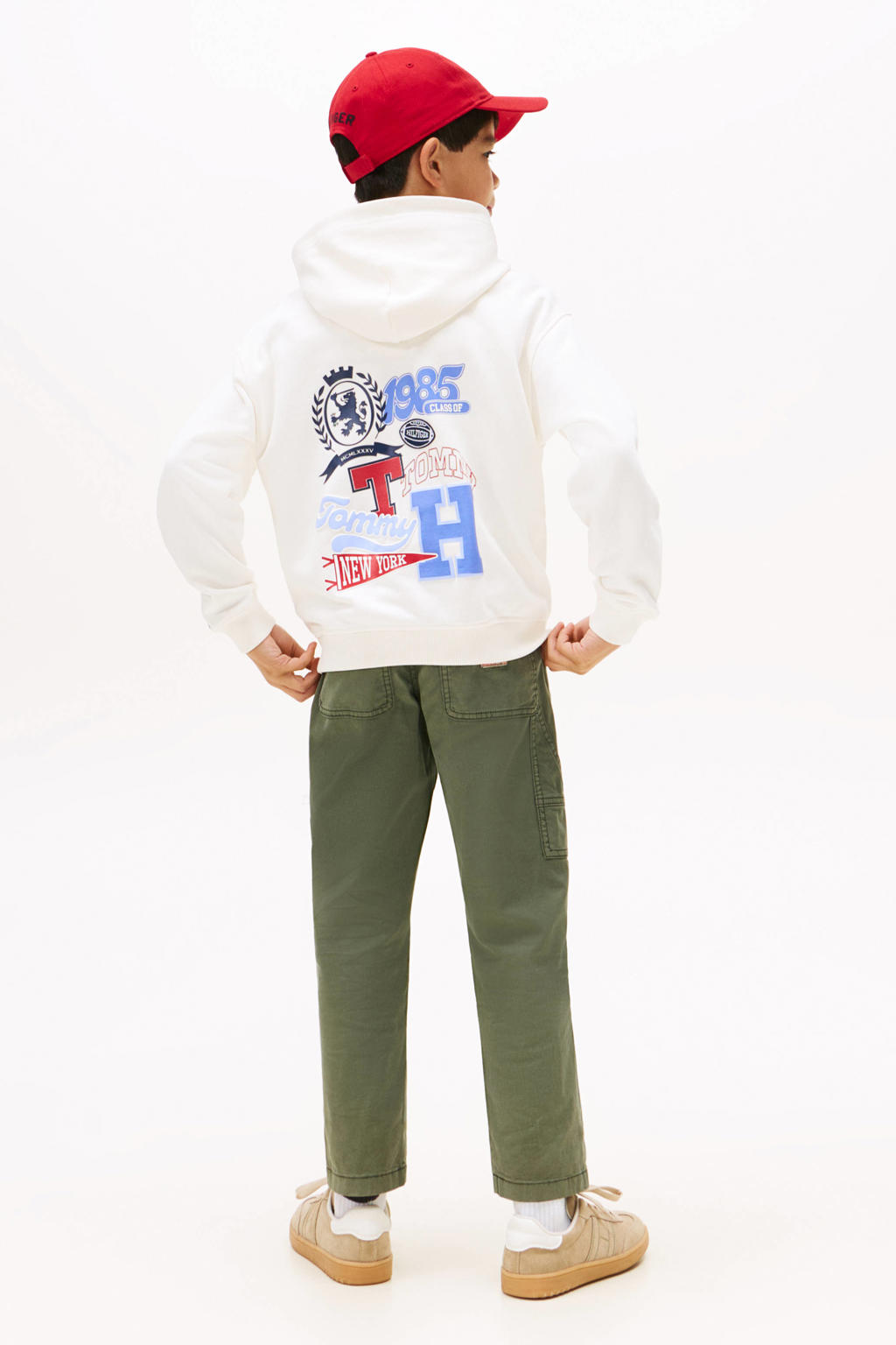 Ecru jongens Tommy Hilfiger hoodie van katoen met backprint, lange mouwen, capuchon en drukknoopsluiting