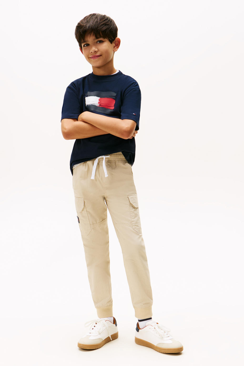 Marineblauw jongens Tommy Hilfiger T-shirt blauw van katoen met logo dessin, korte mouwen en ronde hals