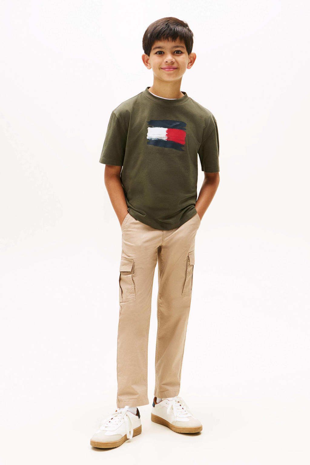 Donkergroene jongens Tommy Hilfiger T-shirt van katoen met logo dessin, korte mouwen en ronde hals
