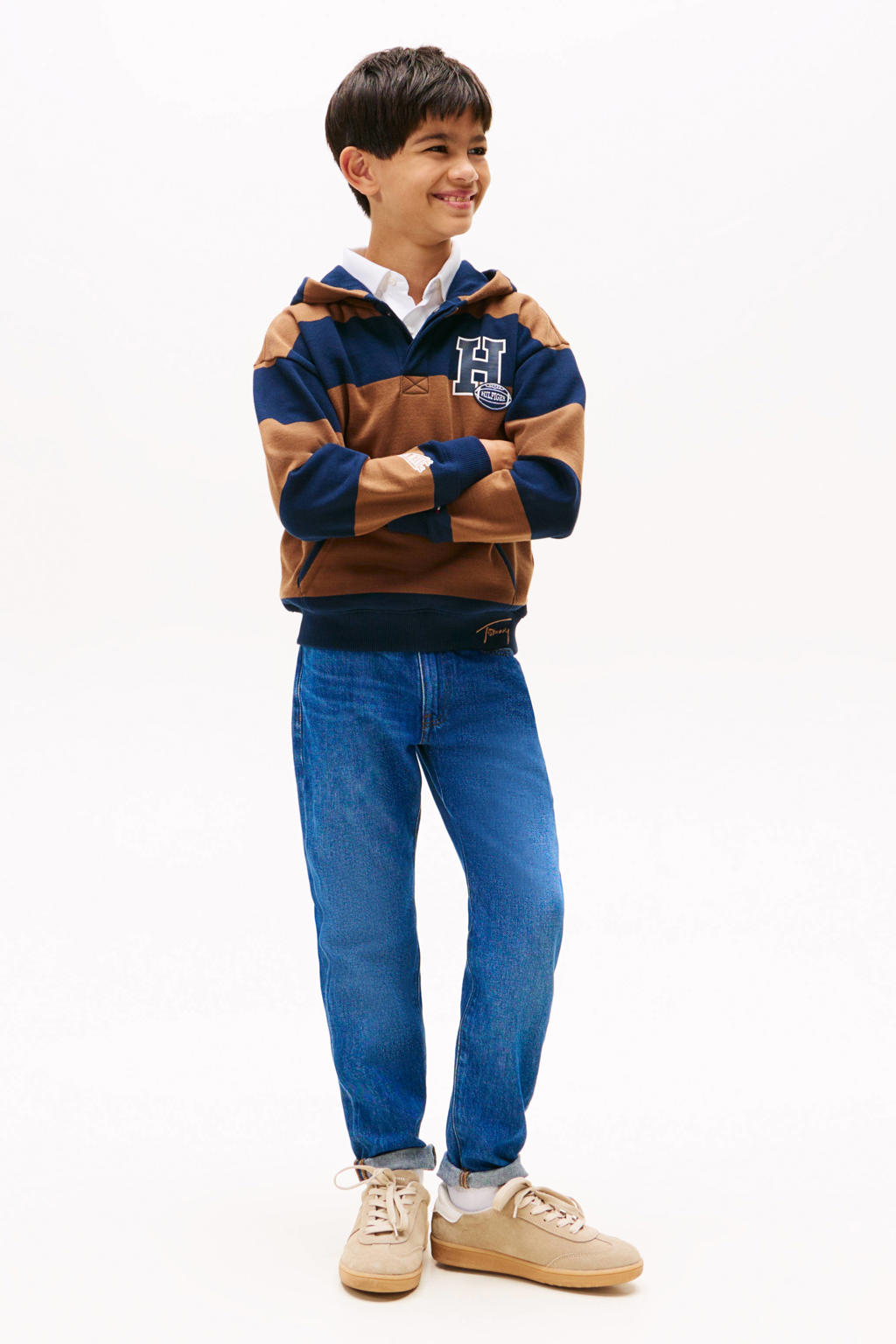 Bruin en donkerblauwe jongens Tommy Hilfiger hoodie van katoen met strepenprint, lange mouwen, capuchon en knoopsluiting