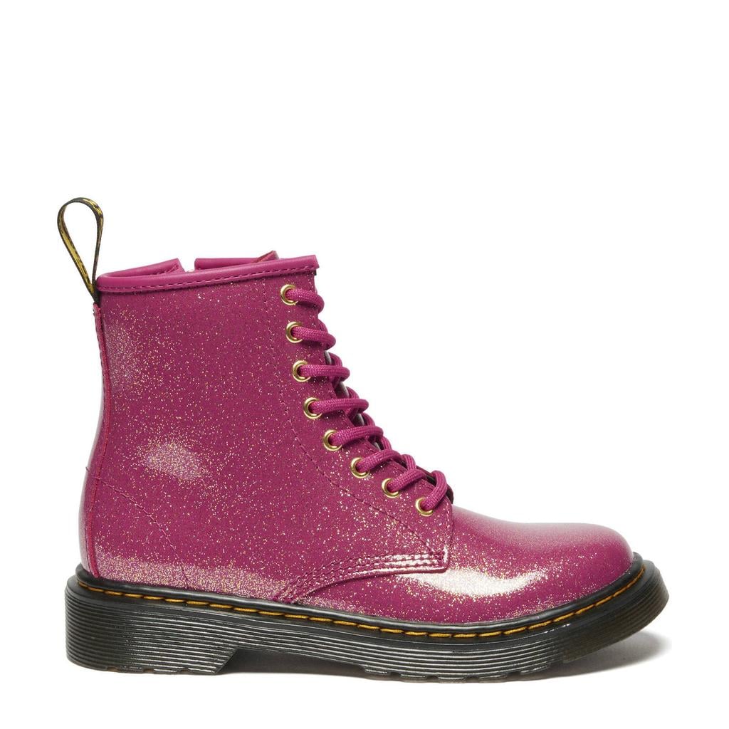 Fuchsia en gouden meisjes Dr. Martens 1460 J leren veterboots schoolkind met rits- en vetersluiting