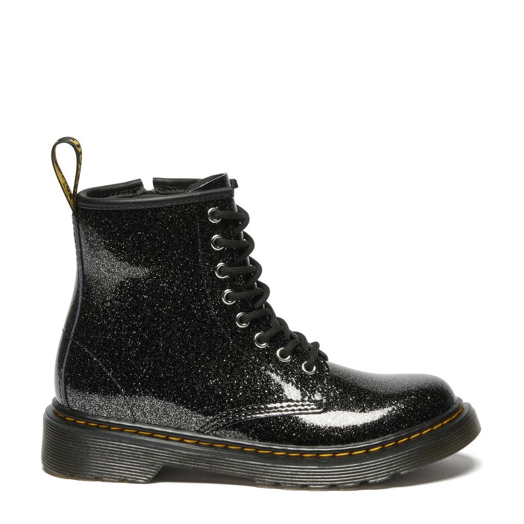 Zwart en zilverkleurige meisjes Dr. Martens 1460 J leren veterboots glitter schoolkind met rits- en vetersluiting