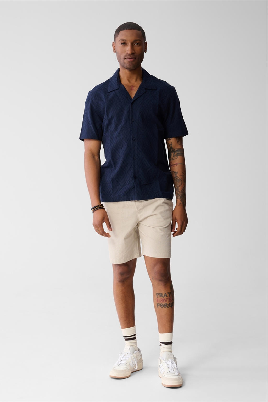 Blauwe heren Shoeby casual overhemd van katoen met korte mouwen, reverskraag, knoopsluiting en textuur