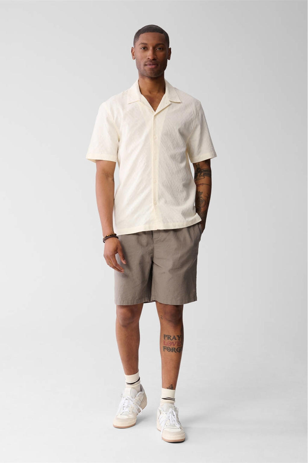 Ecru heren Shoeby casual overhemd patroon met effen, korte mouwen, reverskraag en knoopsluiting
