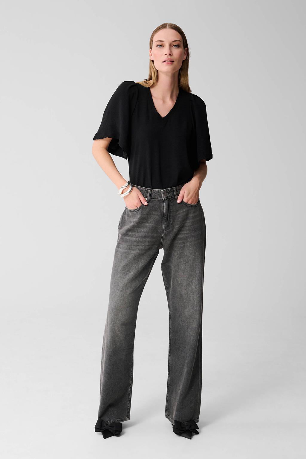 Zwarte dames Shoeby top van polyester met effen, korte mouwen en ronde hals