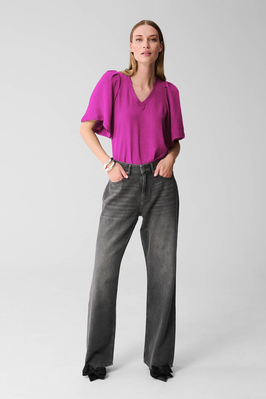 Paarse dames Shoeby top van polyester met effen, driekwart mouwen en V-hals