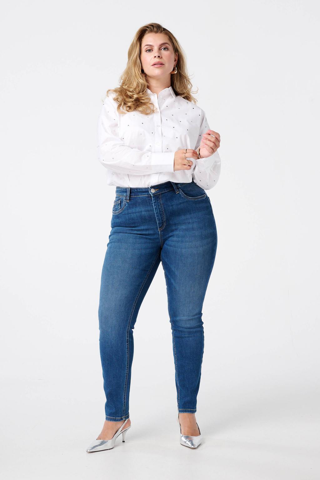 Dark blue denim dames MS Mode high waist slim fit jeans dark blue van denim met effen