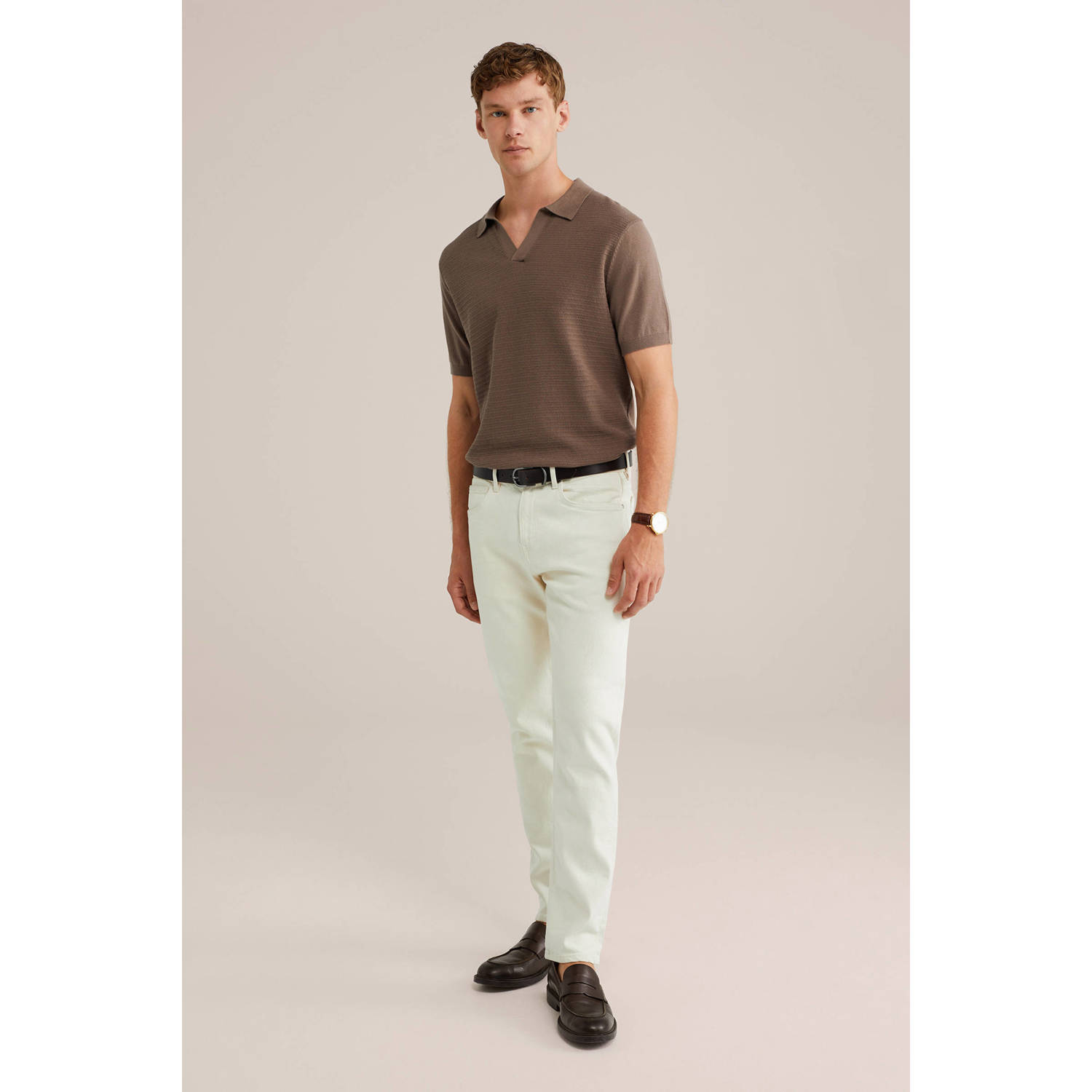 WE Fashion regular polo met ingebreid patroon bruin
