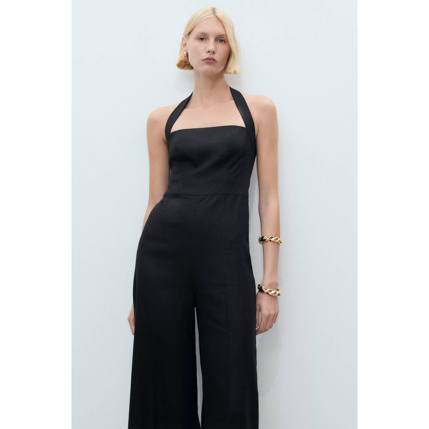 Mango linnen zwart wide leg jumpsuit