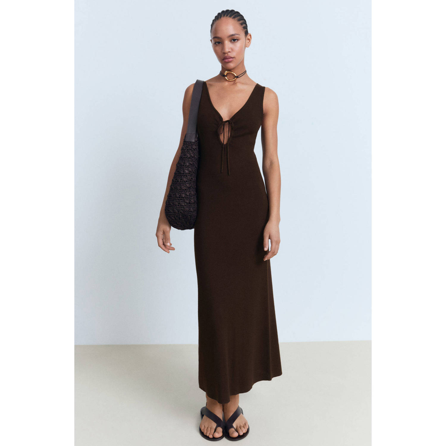 Mango midi jurk donkerbruin