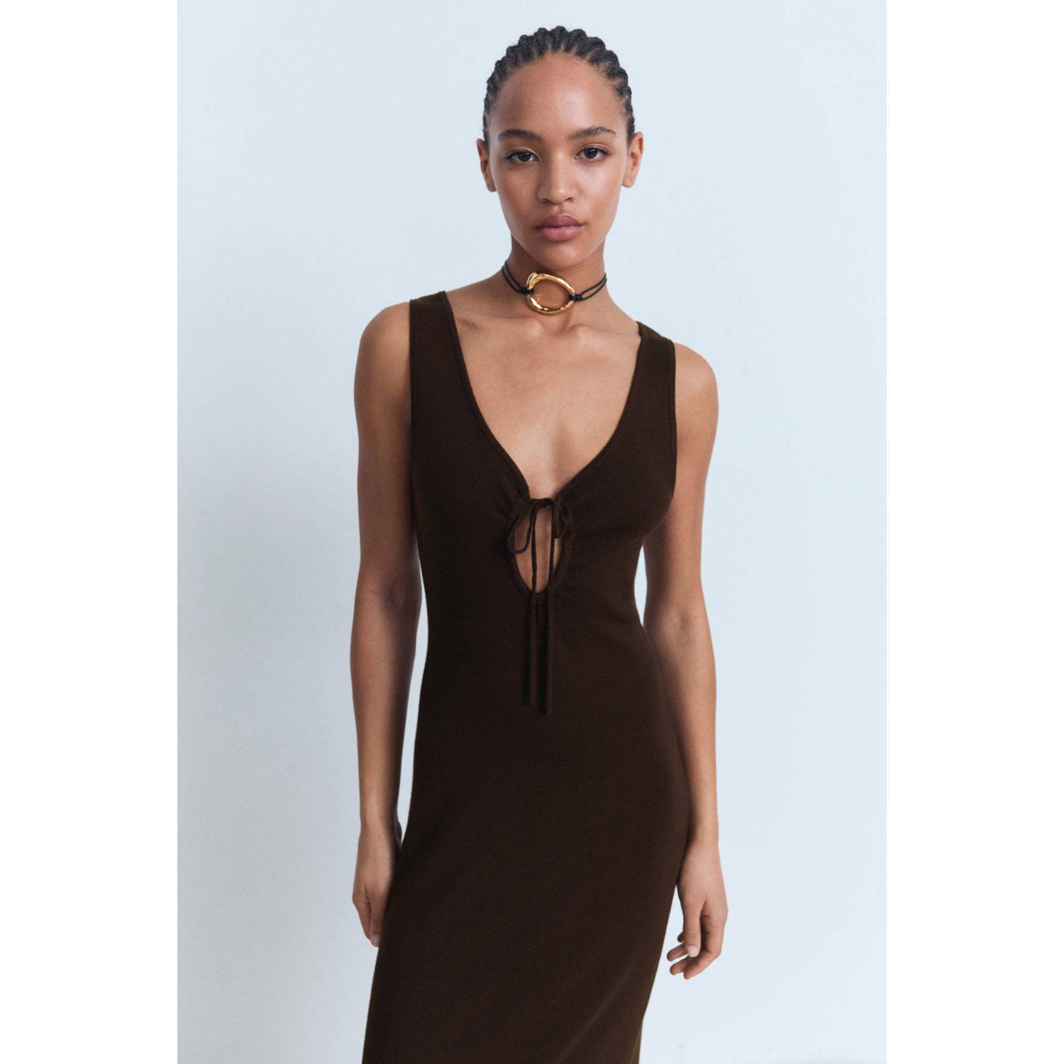 Mango midi jurk donkerbruin