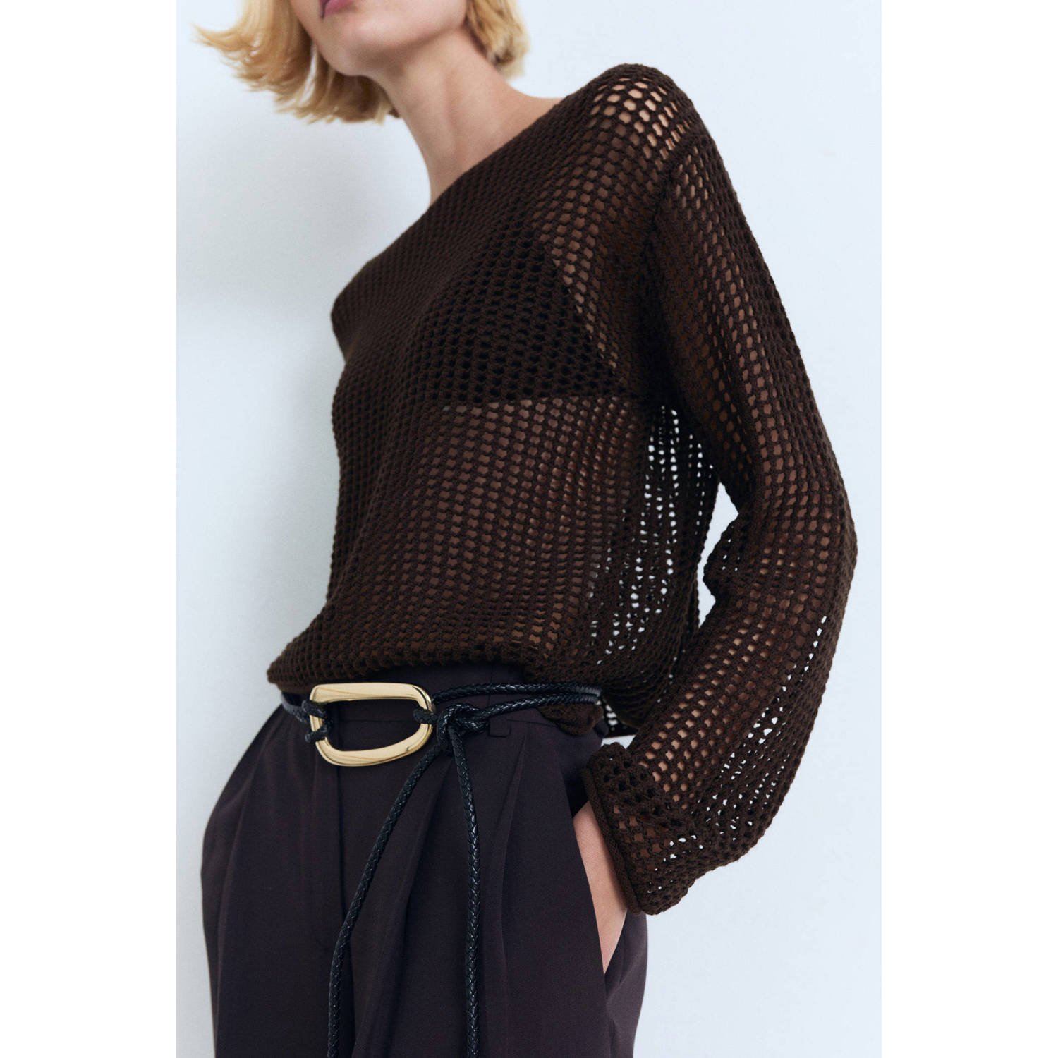 Mango gebreide trui donkerbruin crochet