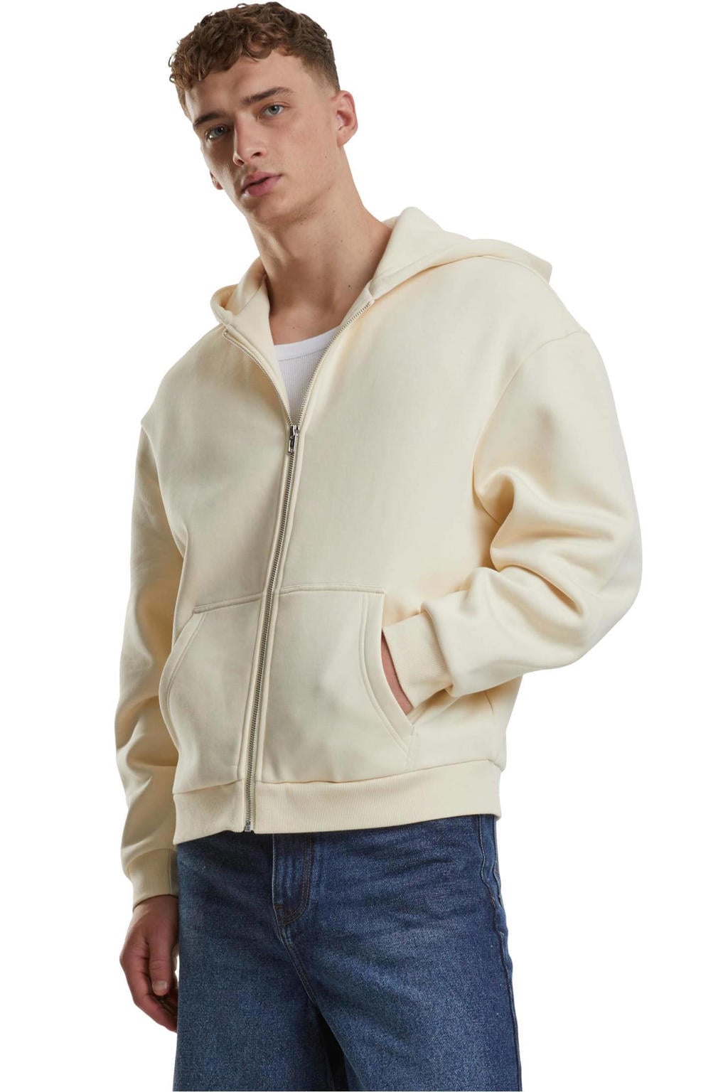 Ecru heren Urban Classics sweatvest met effen, lange mouwen, capuchon, ritssluiting en geribde boorden