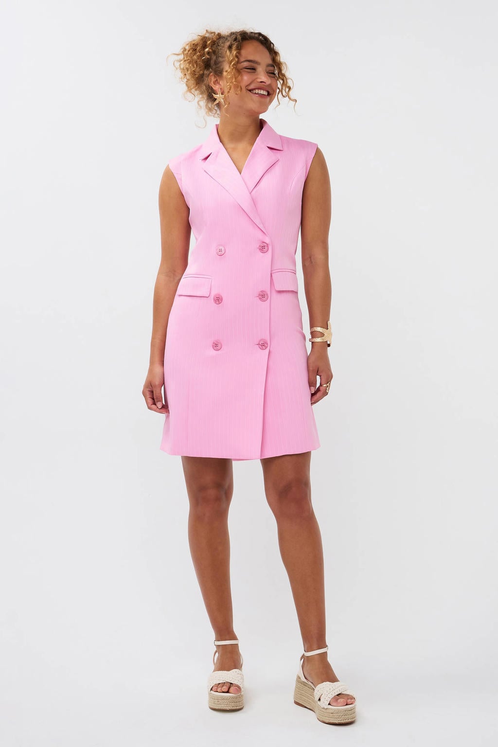 Roze dames Ydence blazerjurk van polyester met krijtstreepprint, reverskraag en knoopsluiting
