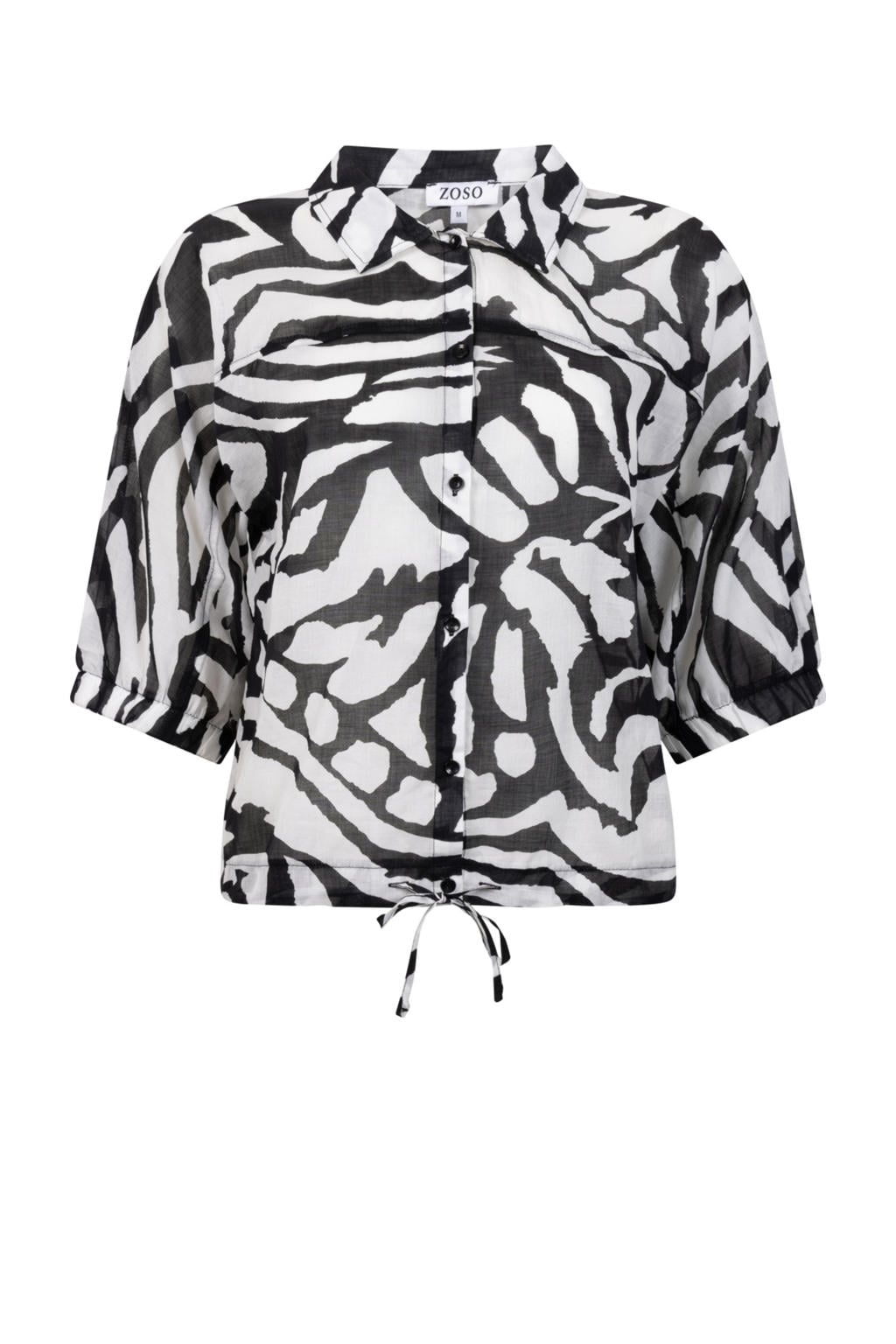 Zwart en witte dames Zoso blouse van viscose met grafische print, korte mouwen, klassieke kraag, knoopsluiting en sierveter detail