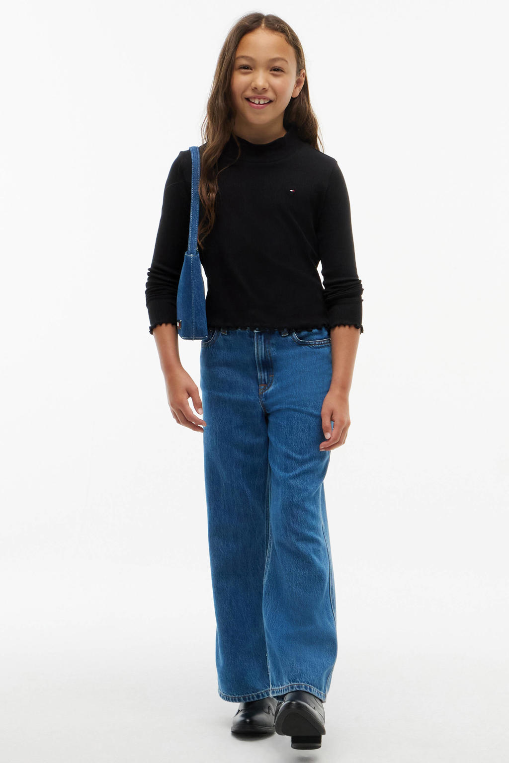 Zwarte meisjes Tommy Hilfiger longsleeve van stretchkatoen met effen, lange mouwen en ronde hals