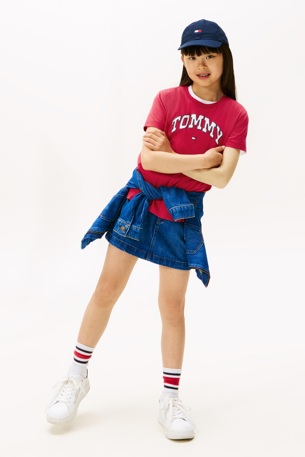 Rood, wit en blauwe meisjes Tommy Hilfiger T-shirt van katoen met tekst print, korte mouwen en ronde hals