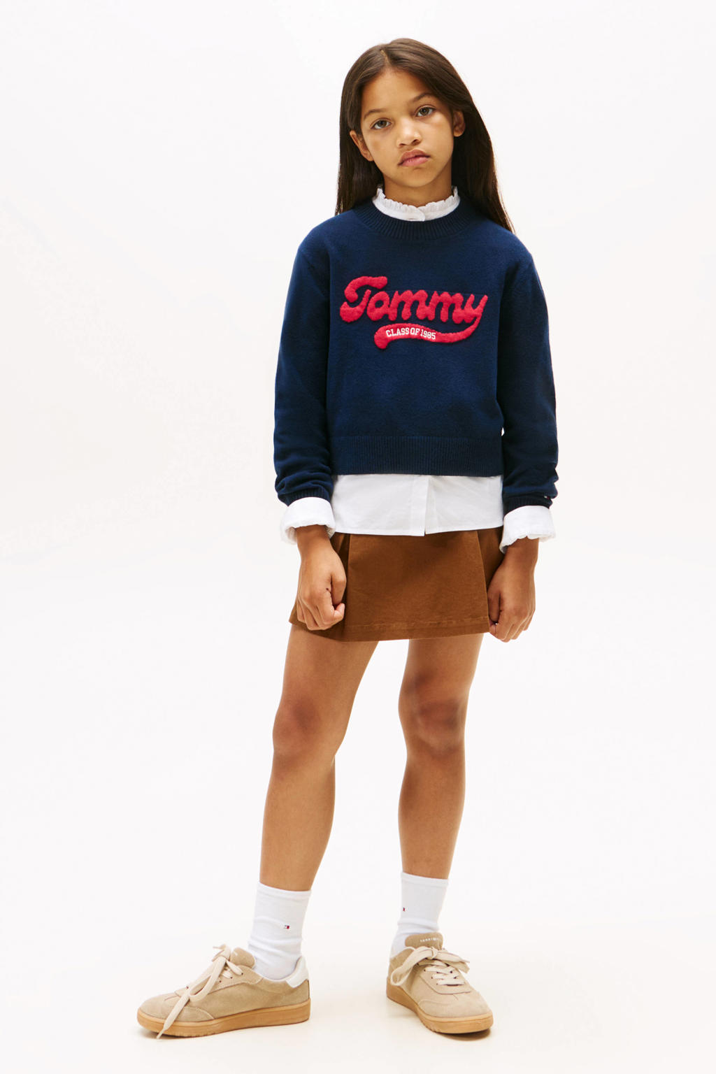Donkerblauw en rode meisjes Tommy Hilfiger sweater van katoen met logo dessin, lange mouwen en ronde hals