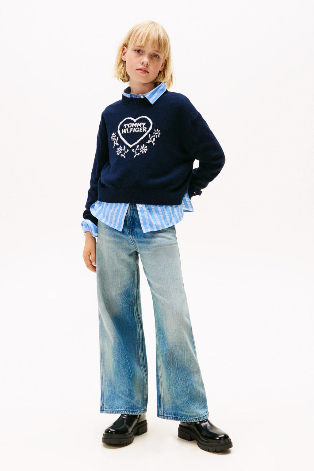 Donkerblauwe meisjes Tommy Hilfiger sweater van katoen met printopdruk, lange mouwen en ronde hals