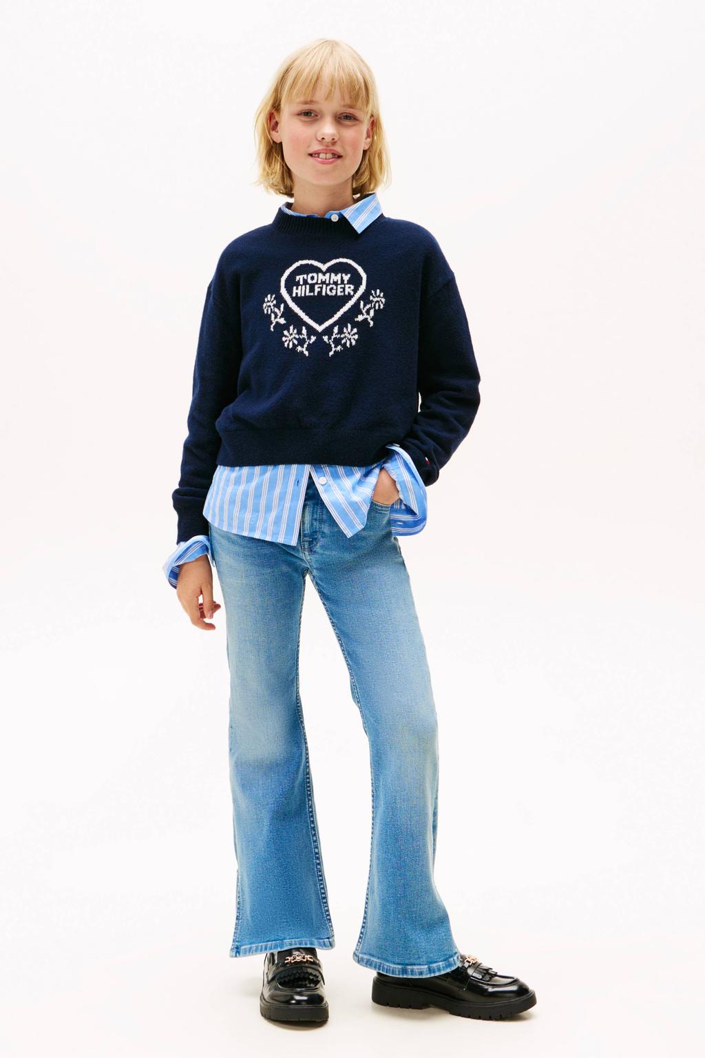 Light blue denim meisjes Tommy Hilfiger flared jeans van stretchdenim met regular waist, rits- en knoopsluiting en effen