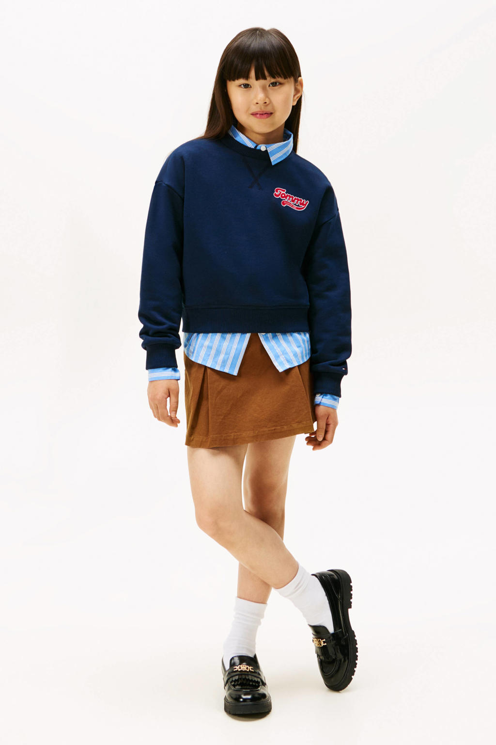 Donkerblauwe meisjes Tommy Hilfiger sweater van katoen met logo dessin, lange mouwen, ronde hals en geribde boorden
