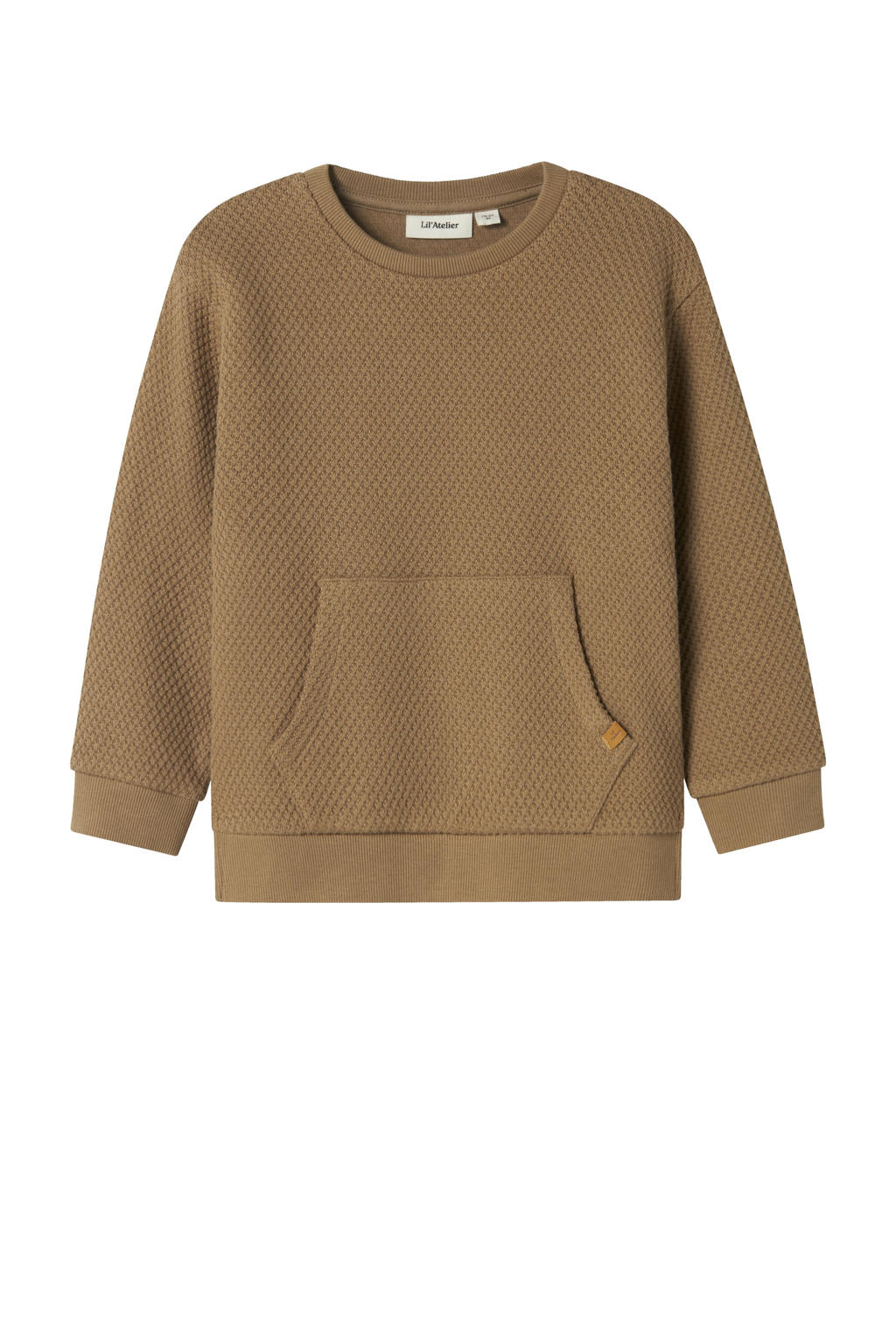 Bruine jongens LIL' ATELIER MINI sweater met effen, lange mouwen, ronde hals en textuur
