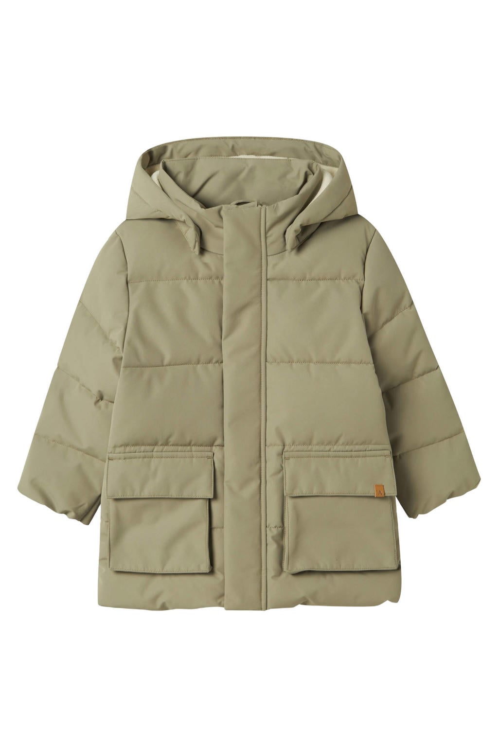 Lichtkaki jongens LIL' ATELIER MINI gewatteerde jas van polyester met effen, lange mouwen, capuchon en rits- en drukknoopsluiting
