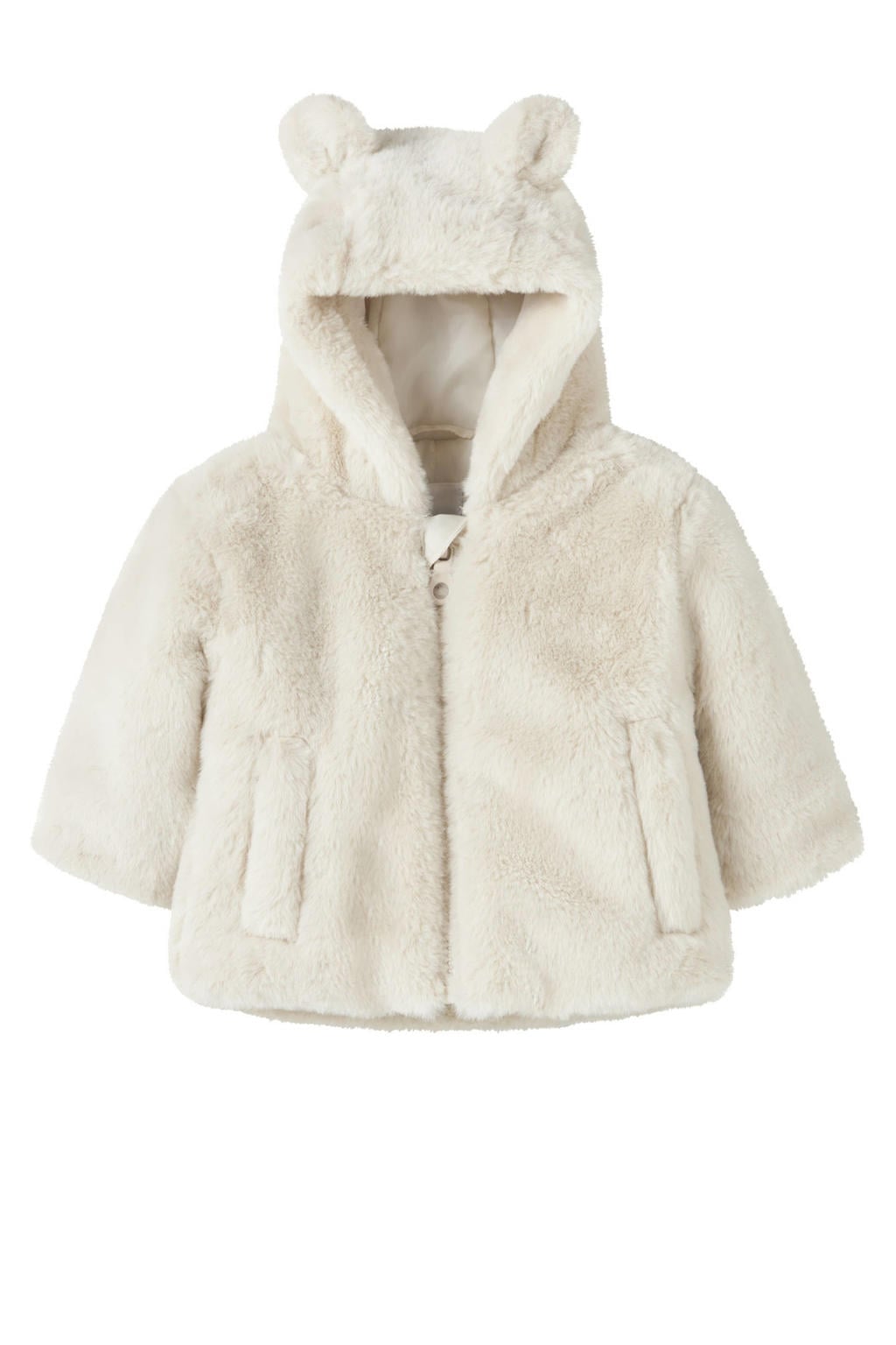 Beige meisjes NAME IT BABY imitatiebonten winterjas met effen, lange mouwen, capuchon en ritssluiting