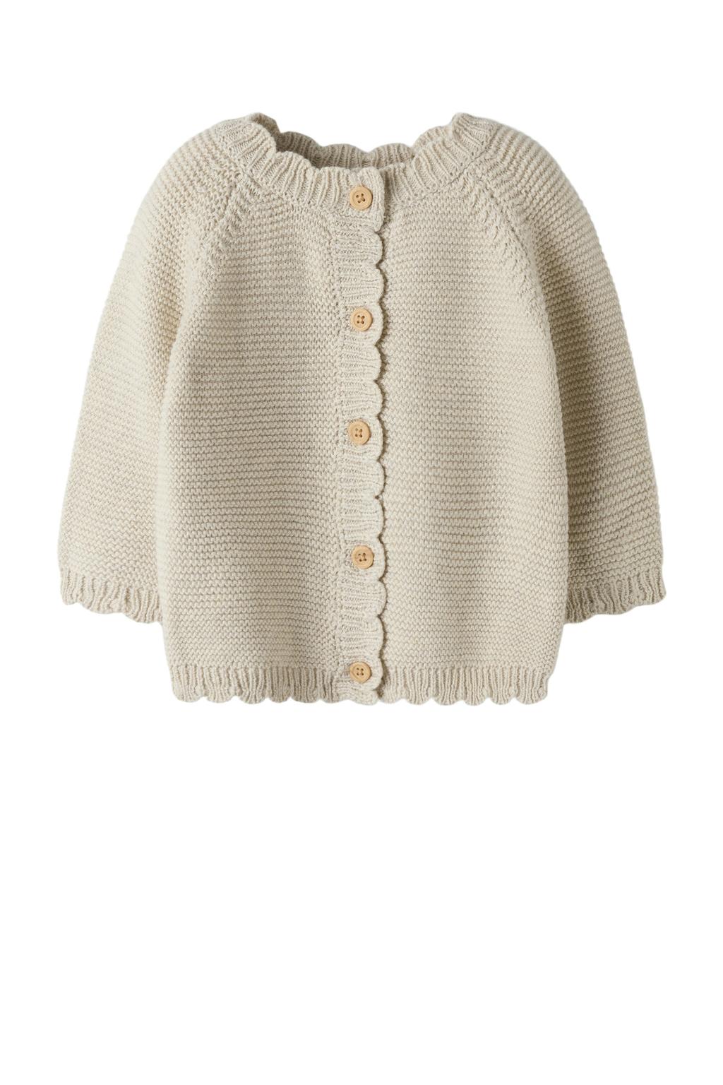 Beige meisjes NAME IT BABY vest fijn gebreid van katoen met effen, lange mouwen, ronde hals en knoopsluiting