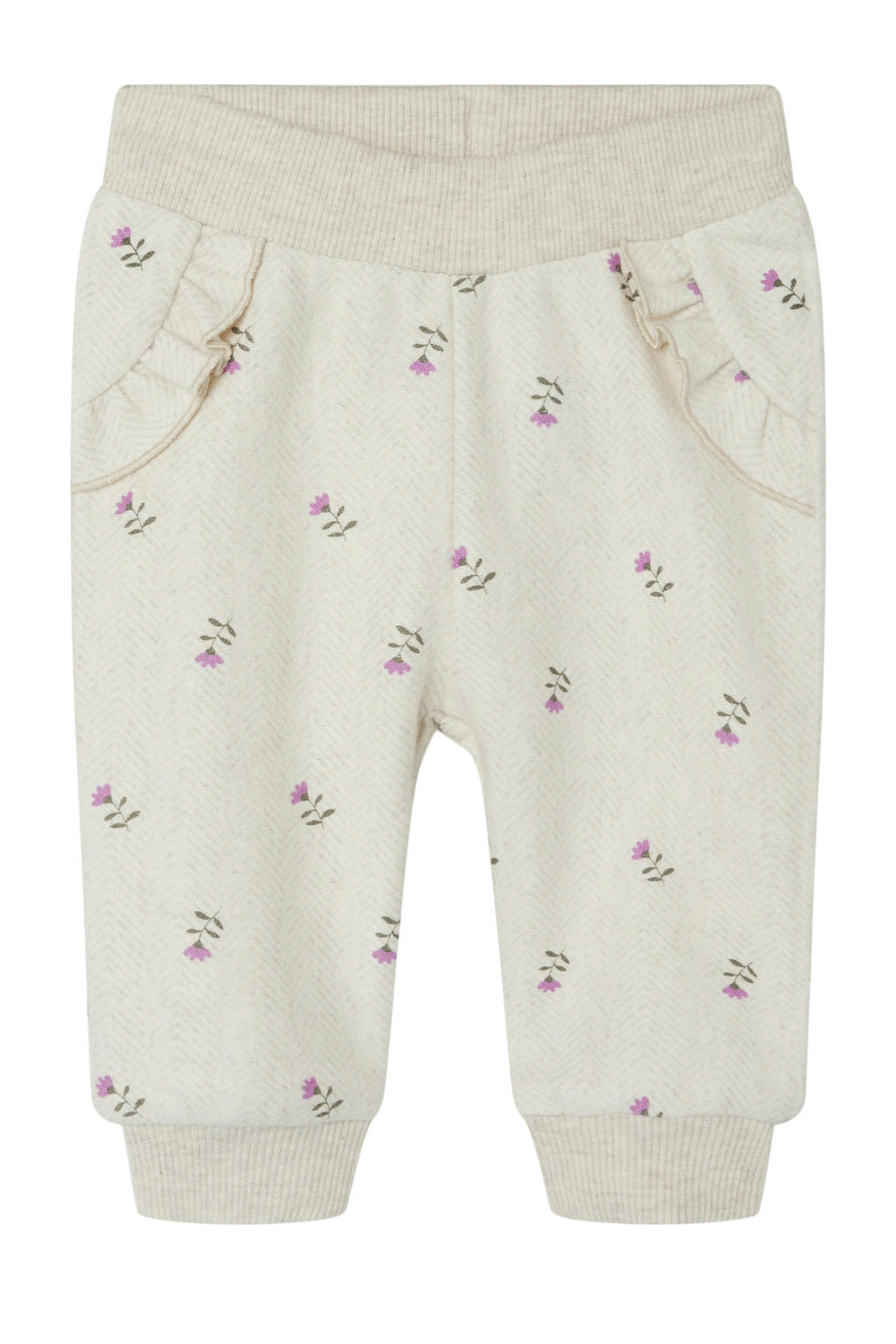 Ecru meisjes NAME IT BABY regular casual broek van sweat materiaal met elastische tailleband en bloemenprint