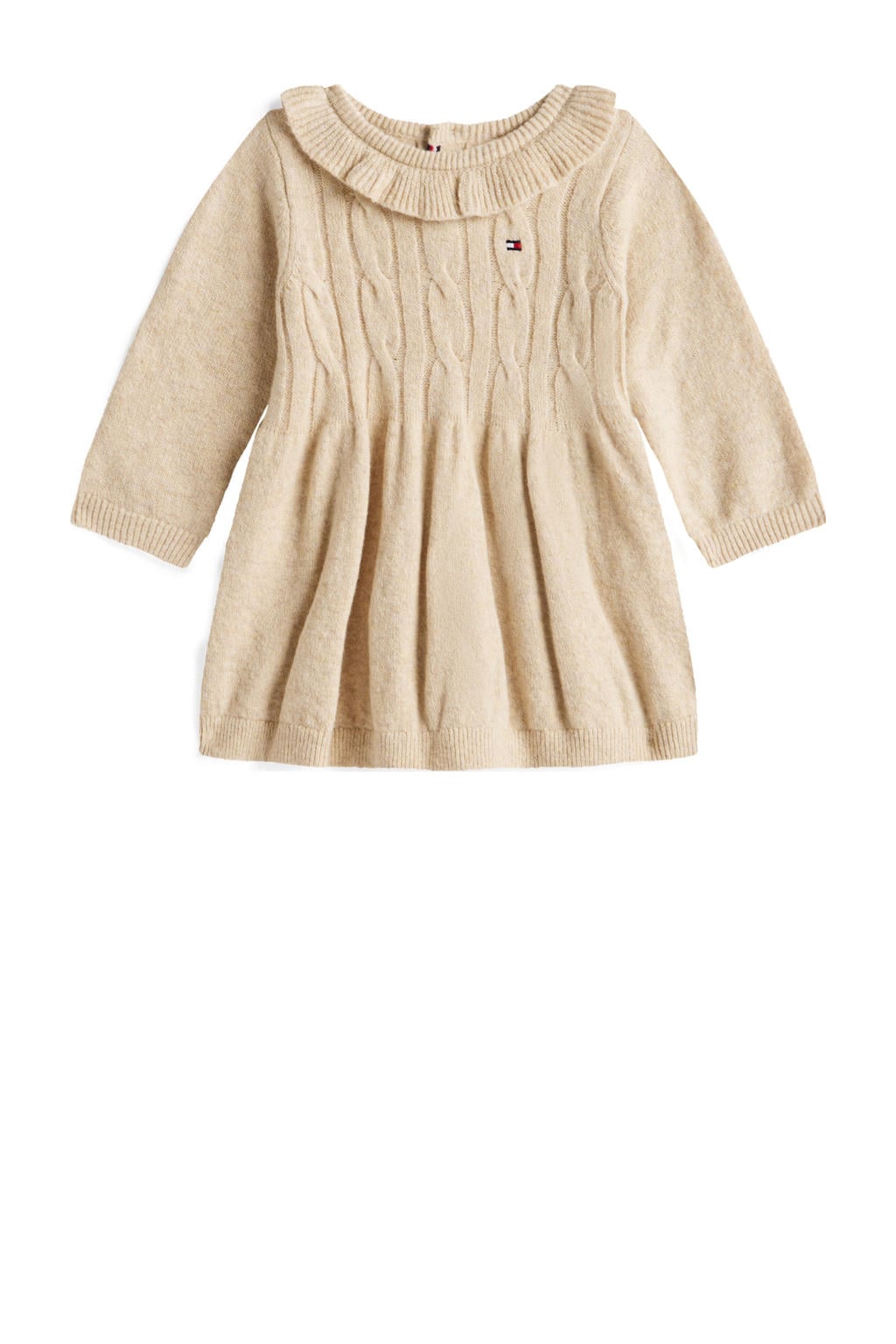 Beige meisjes Tommy Hilfiger korte jurk van katoen met effen, lange mouwen, ronde hals, knoopsluiting en kabel details