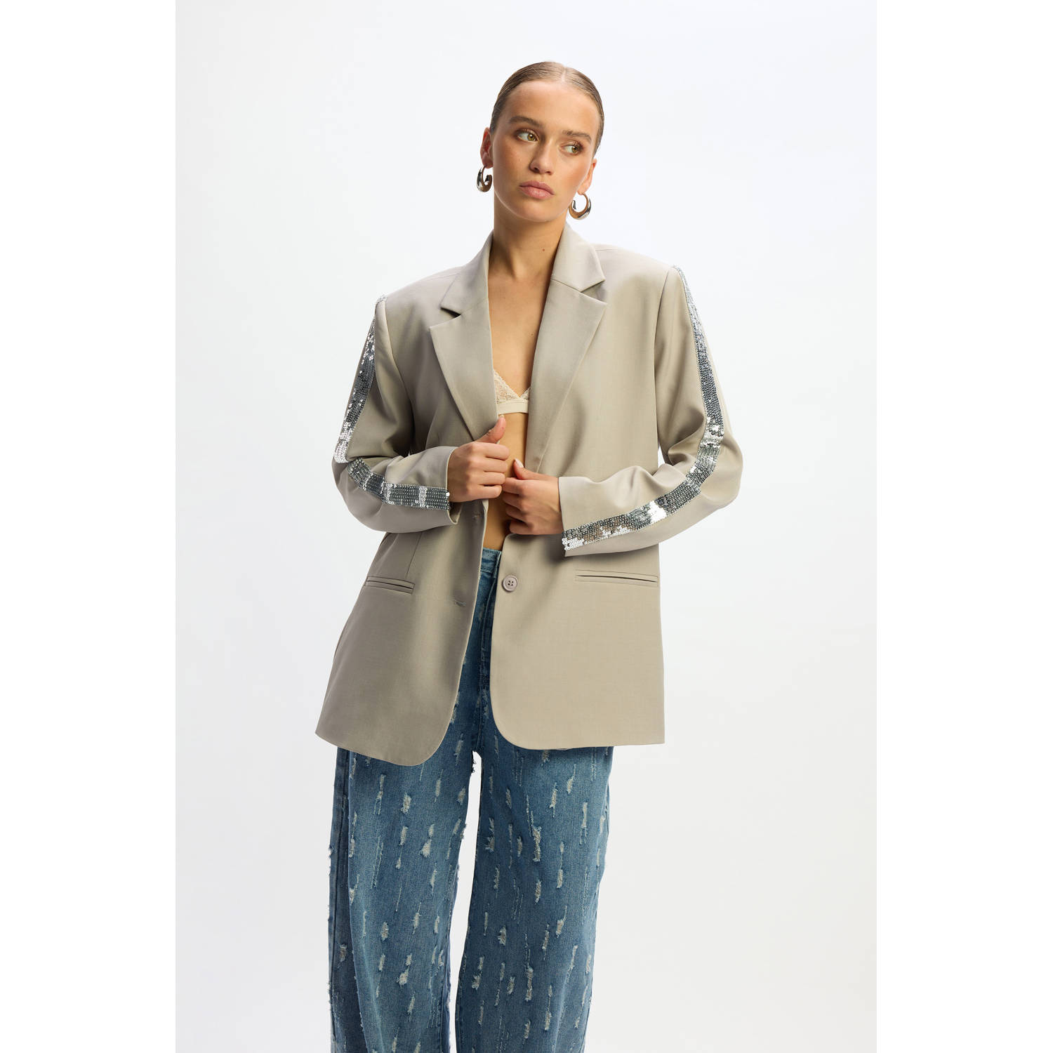 Refined Department oversized blazer lichtgrijs met pailletten