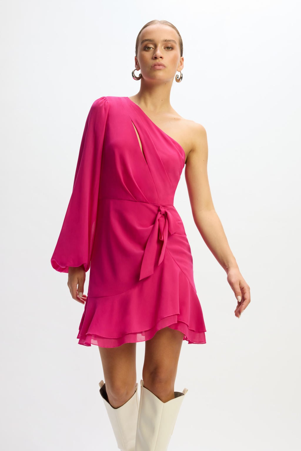 Roze dames Refined Department korte jurk van polyester met effen, lange mouwen, one shoulder, blinde ritssluiting en open detail