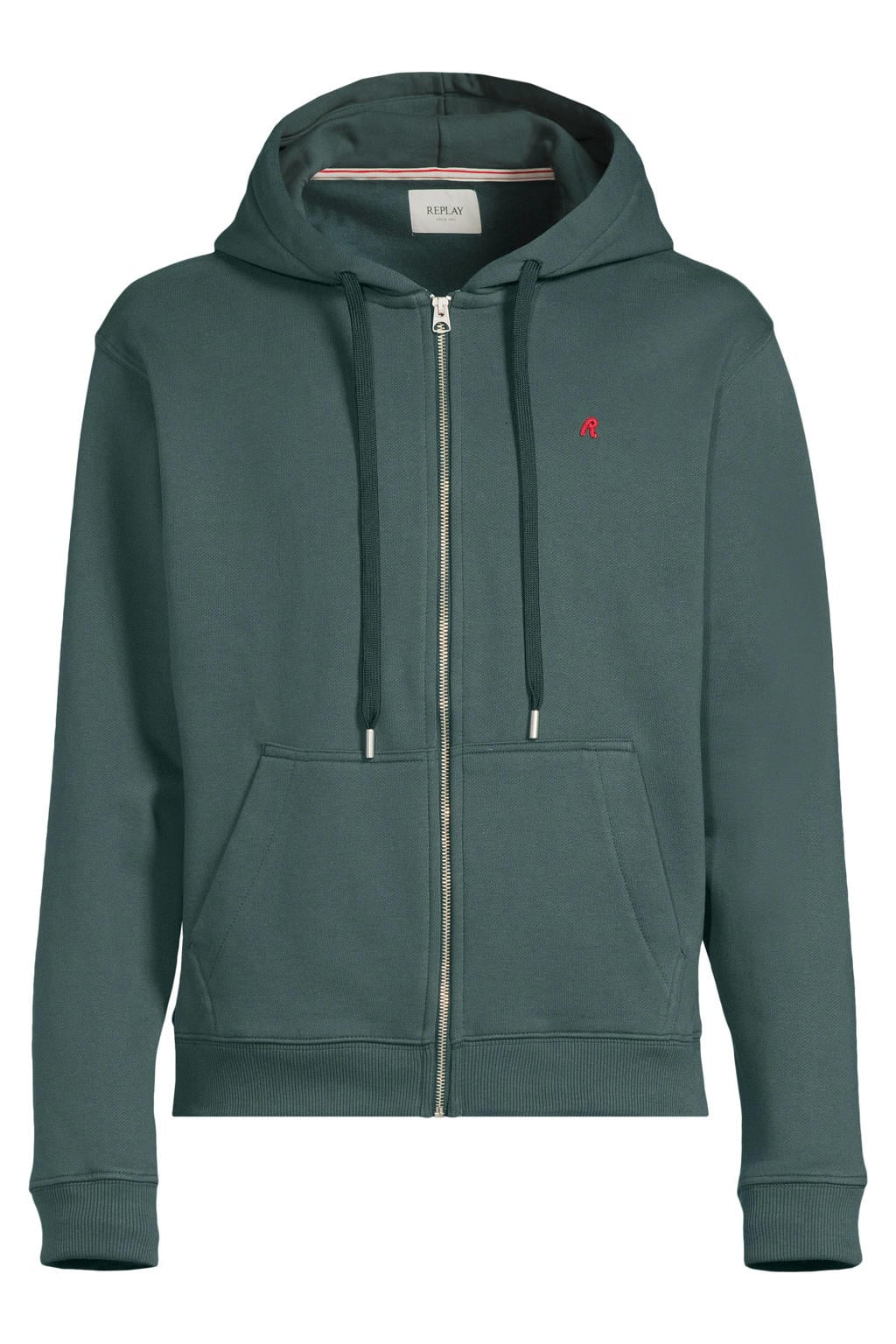 Donkergroene heren REPLAY sweatvest met effen, lange mouwen, capuchon, ritssluiting en geribde boorden