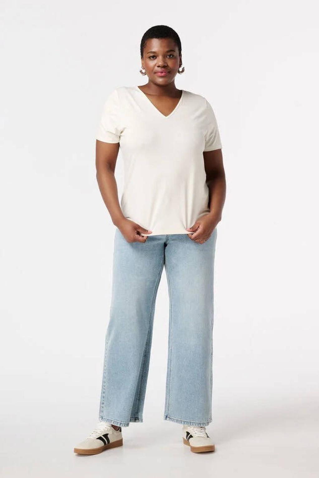 Crème dames MS Mode T-shirt van viscose met effen, korte mouwen en klassieke kraag