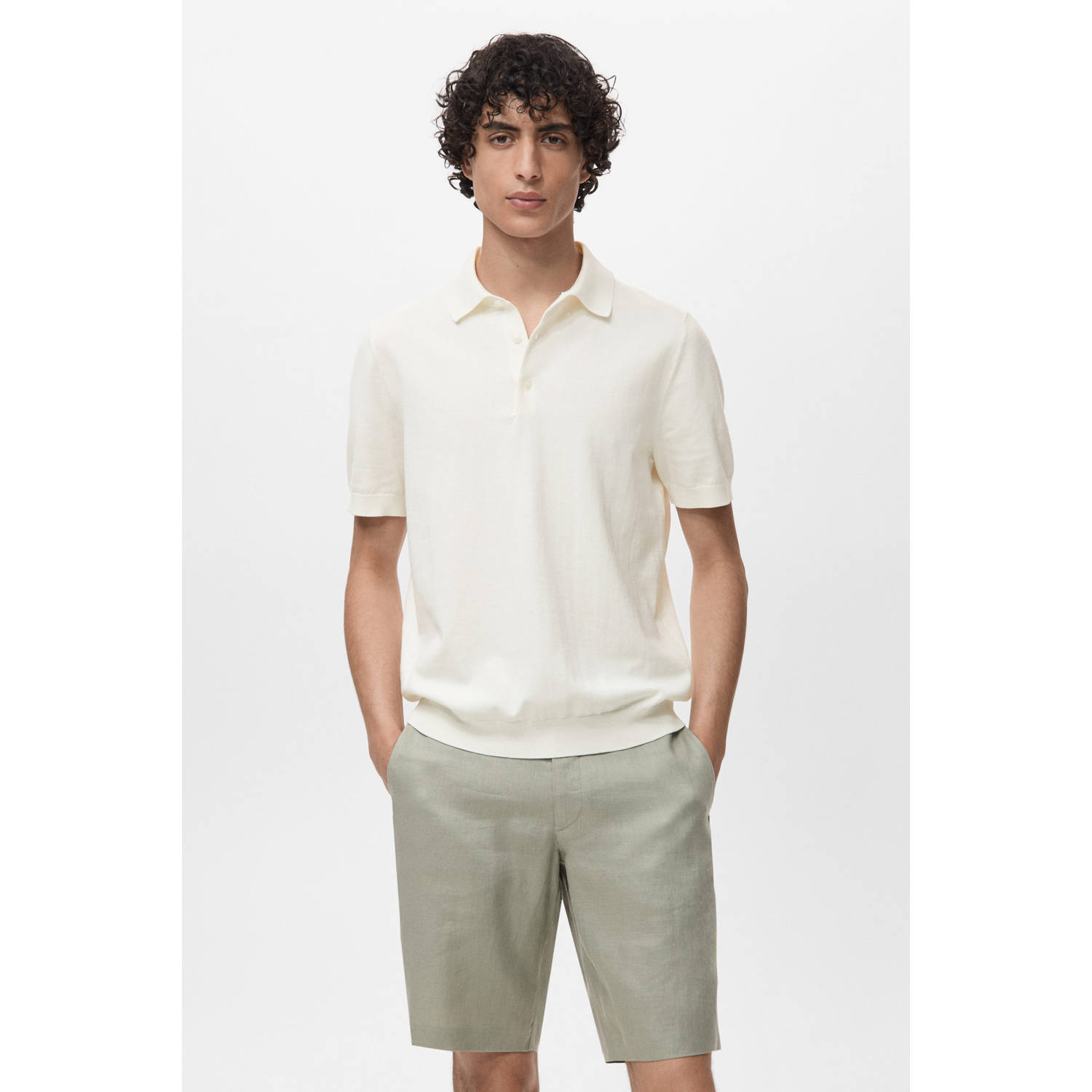 Mango Man regular polo fijn gebreid ecru