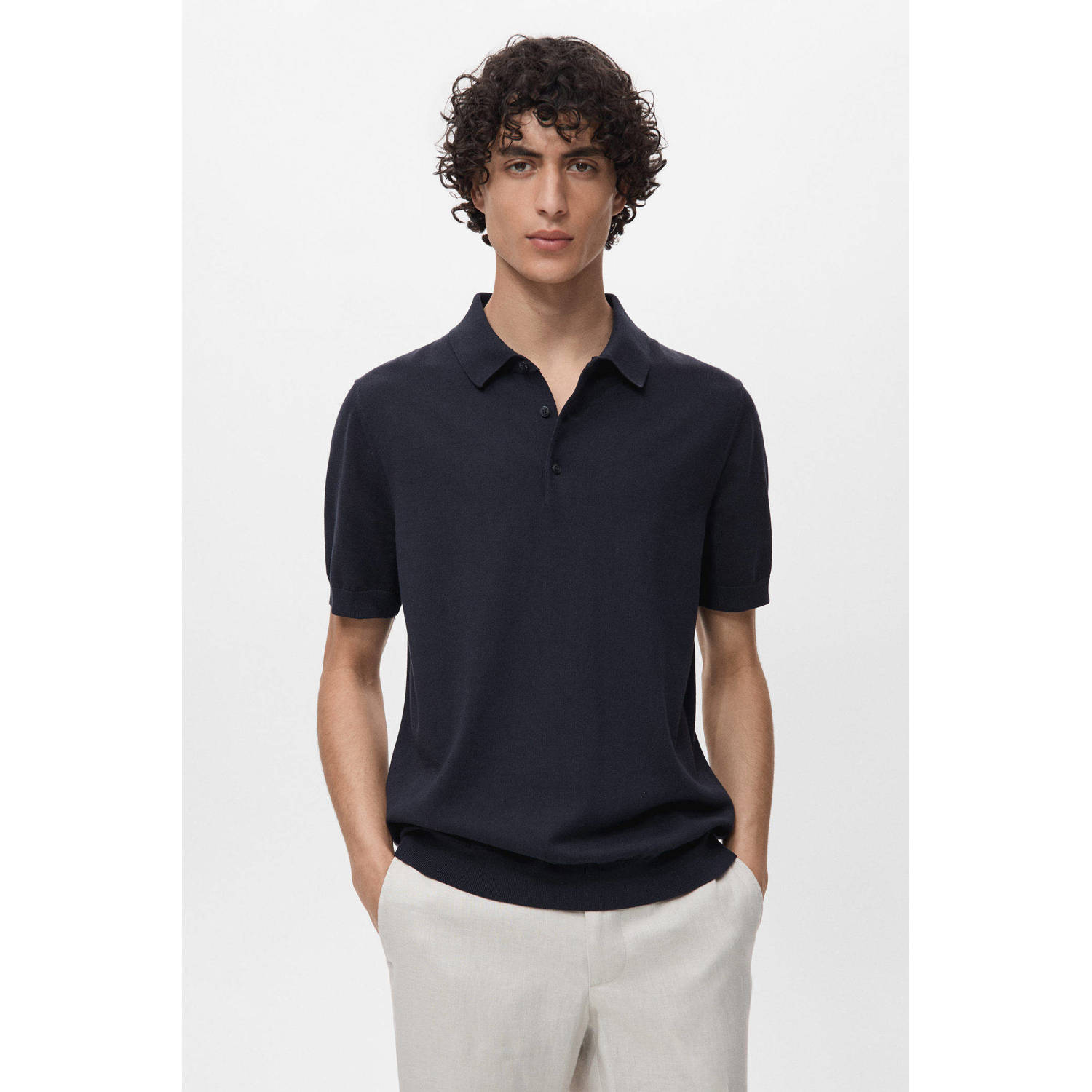 Mango Man regular polo fijn gebreid donkerblauw