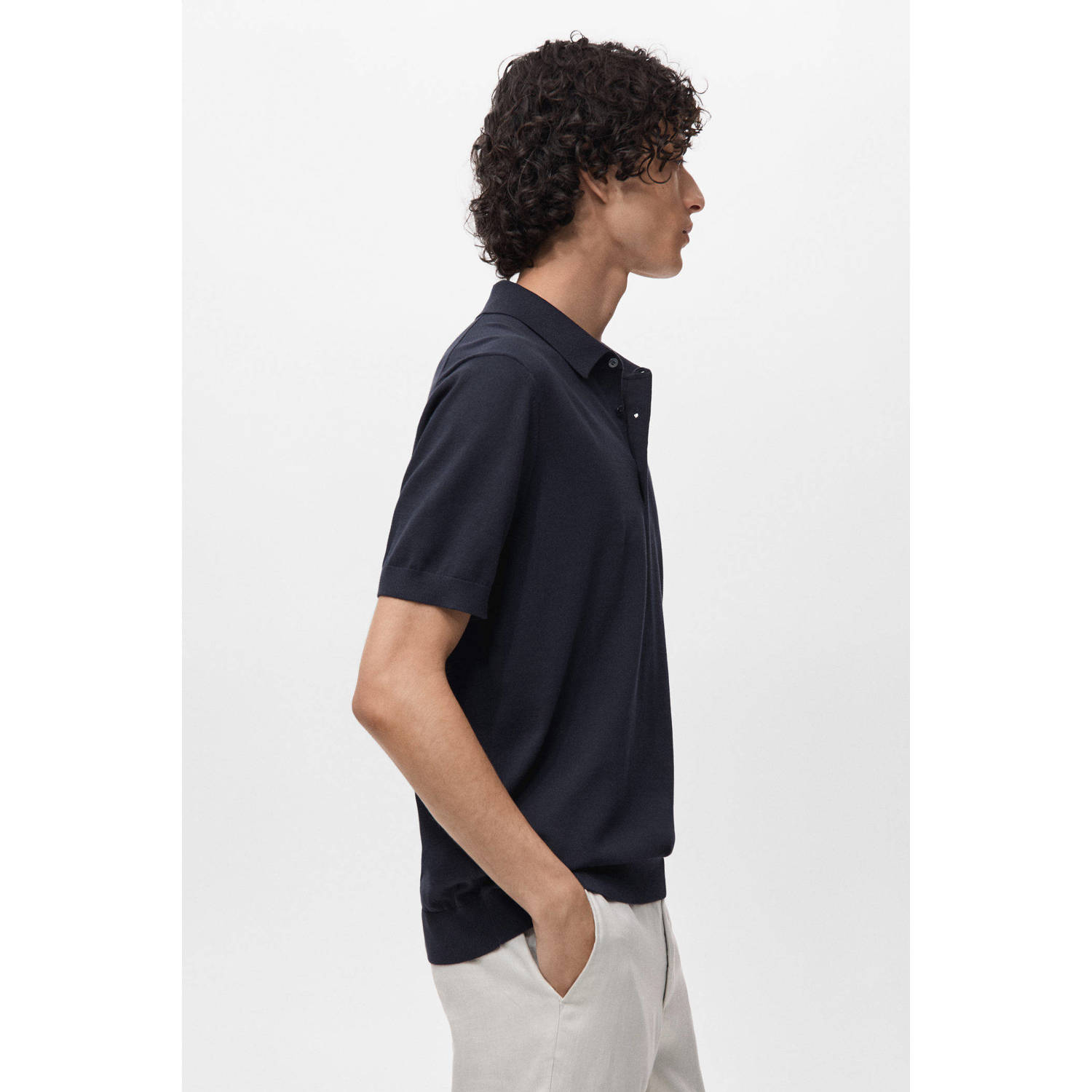 Mango Man regular polo fijn gebreid donkerblauw