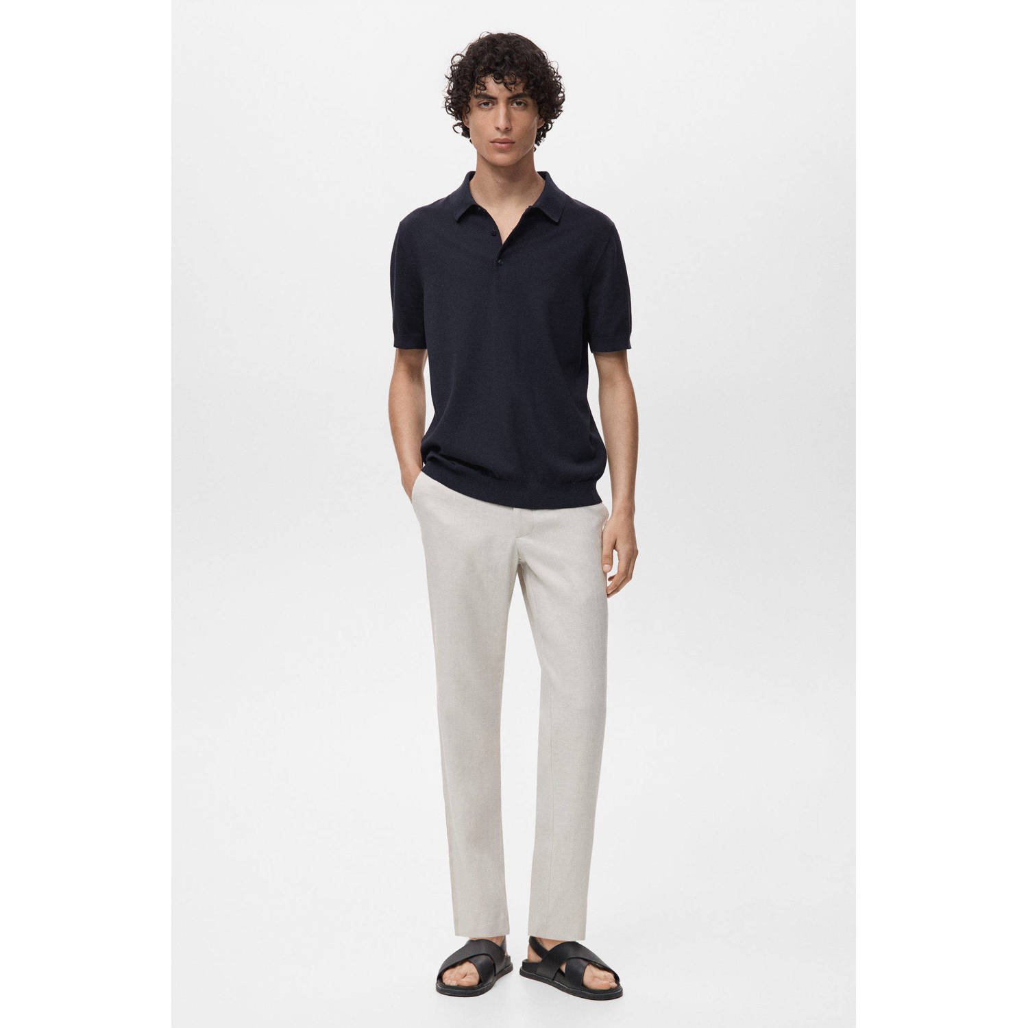 Mango Man regular polo fijn gebreid donkerblauw