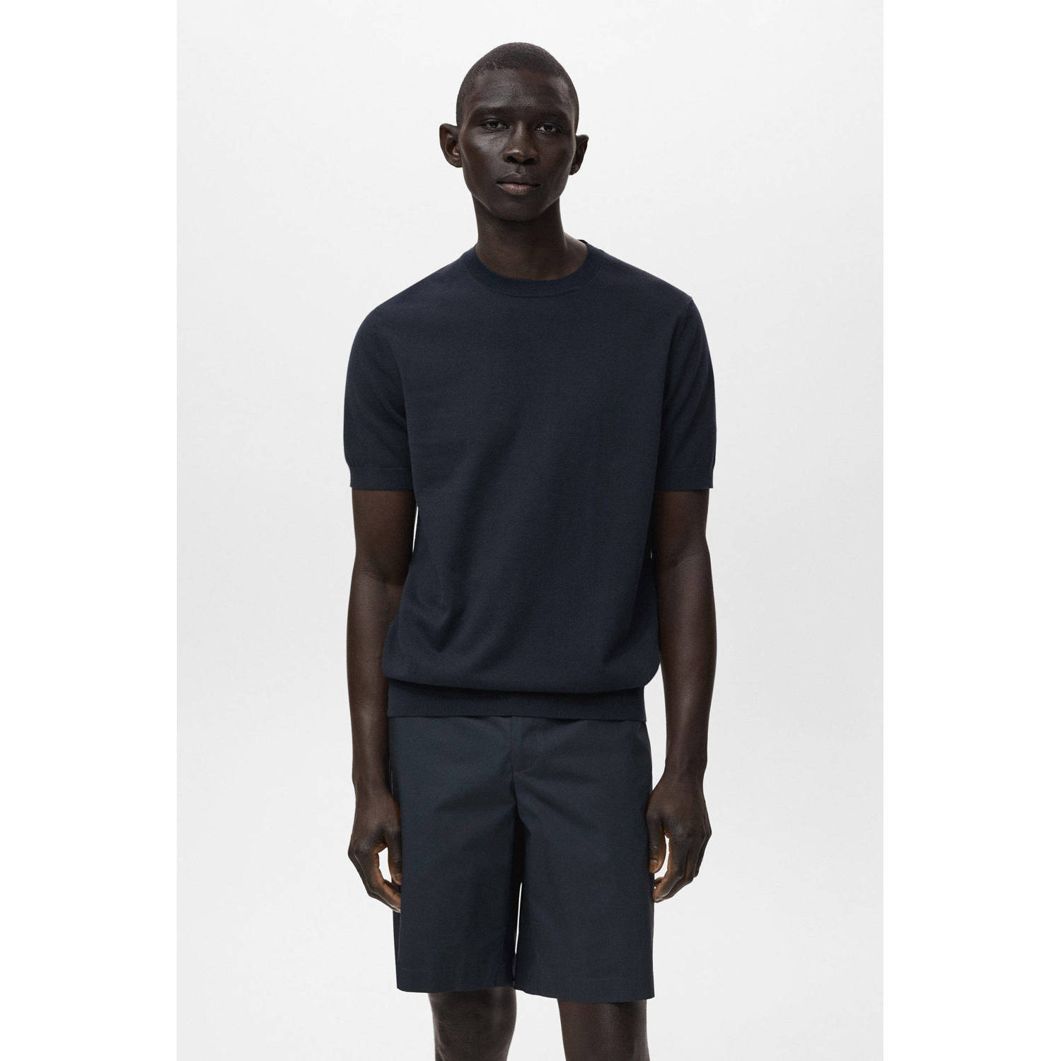 Mango Man T-shirt fijn gebreid donkerblauw