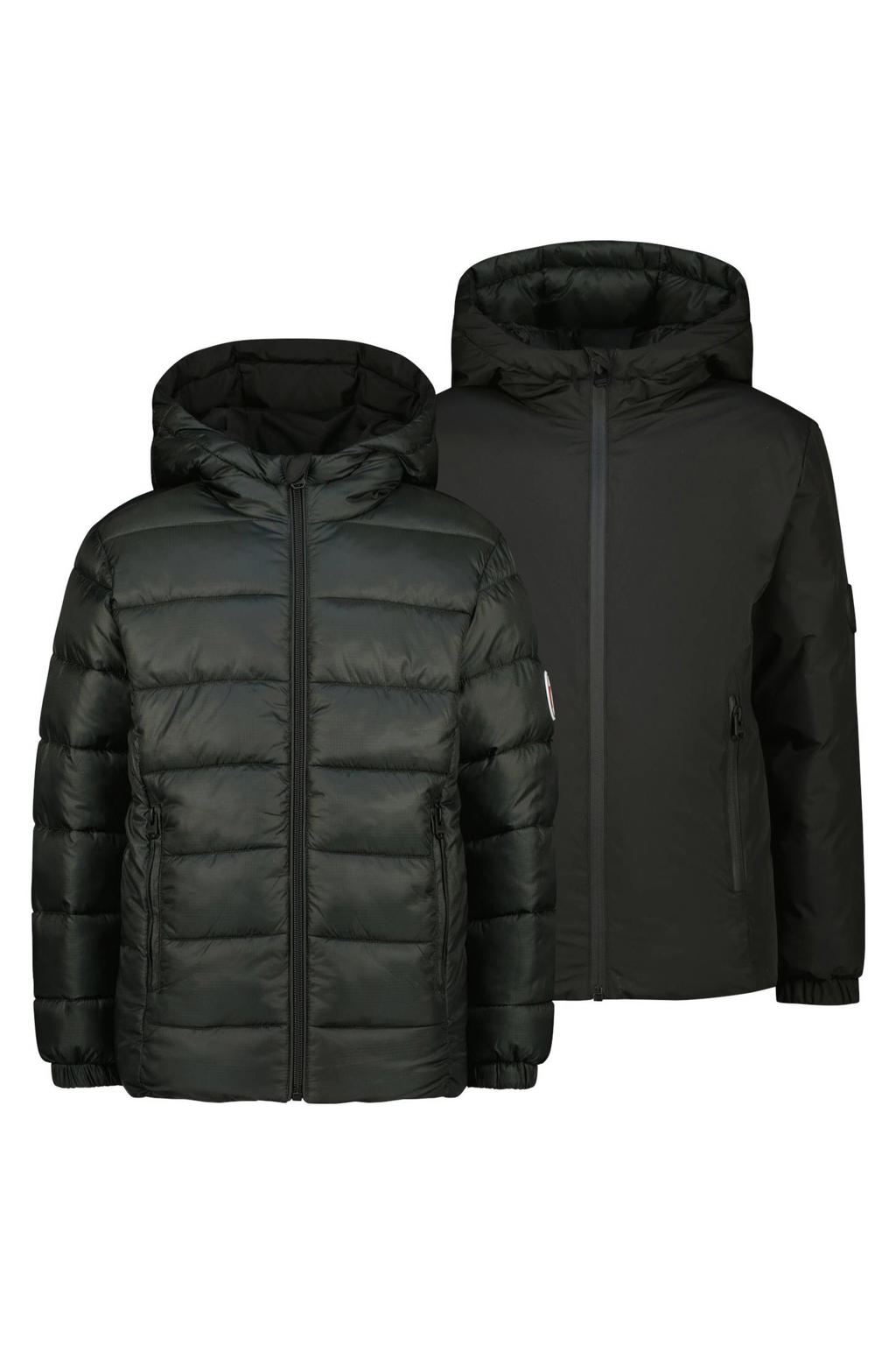Donkergroen en zwarte jongens Vingino reversible jas van polyester met effen, lange mouwen, capuchon en ritssluiting