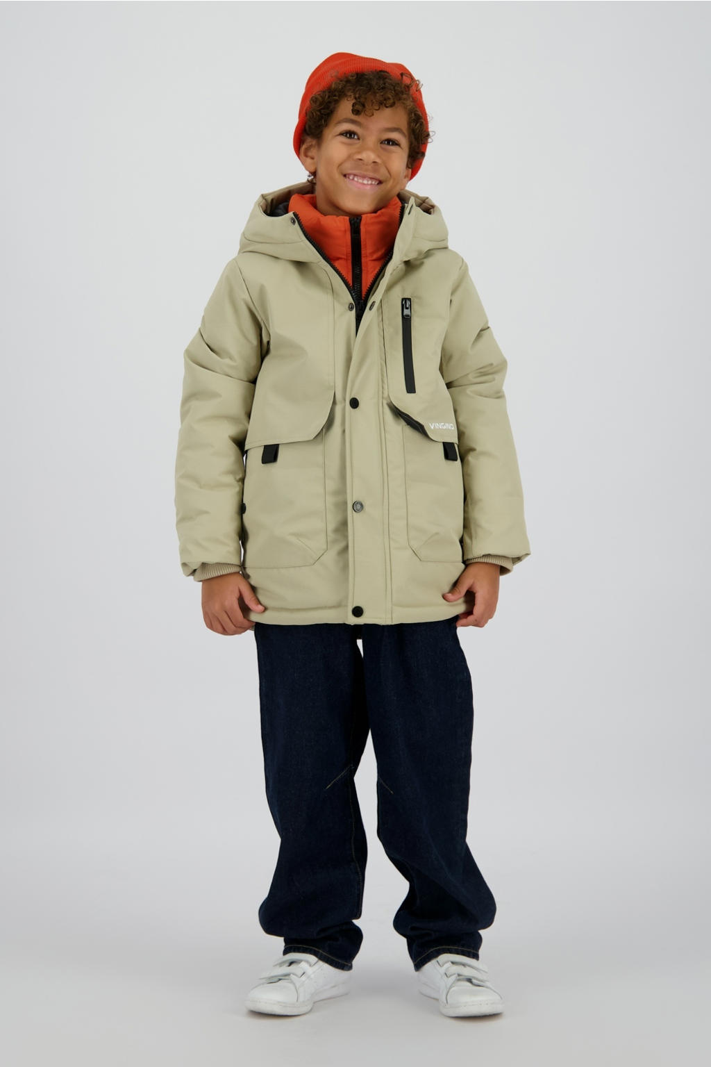 Beige jongens Vingino parka van polyester met effen, lange mouwen, capuchon en rits- en drukknoopsluiting