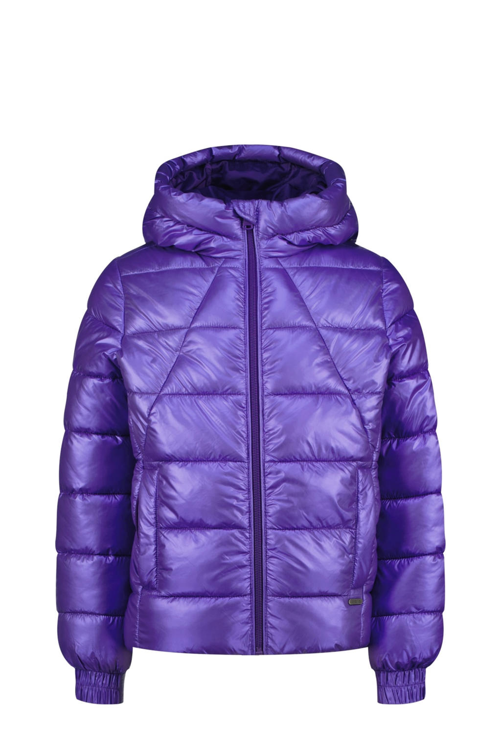 Paarse meisjes Vingino gewatteerde jas van nylon met effen, lange mouwen, capuchon, ritssluiting en glimmend detail