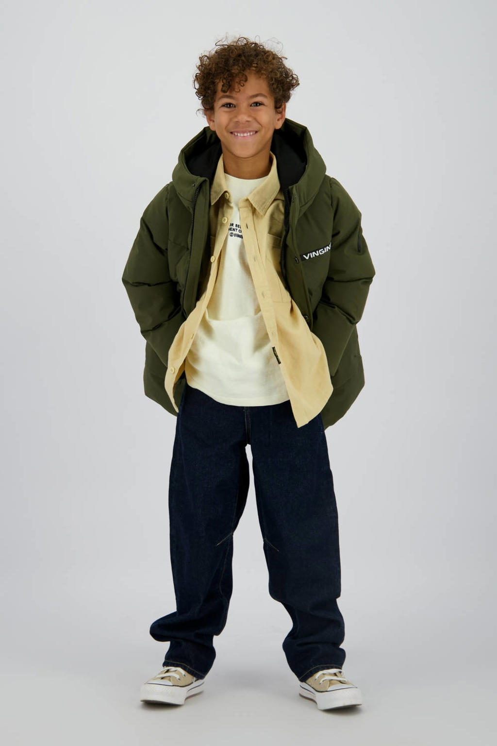Groene jongens Vingino parka van polyester met effen, lange mouwen, capuchon en rits- en drukknoopsluiting