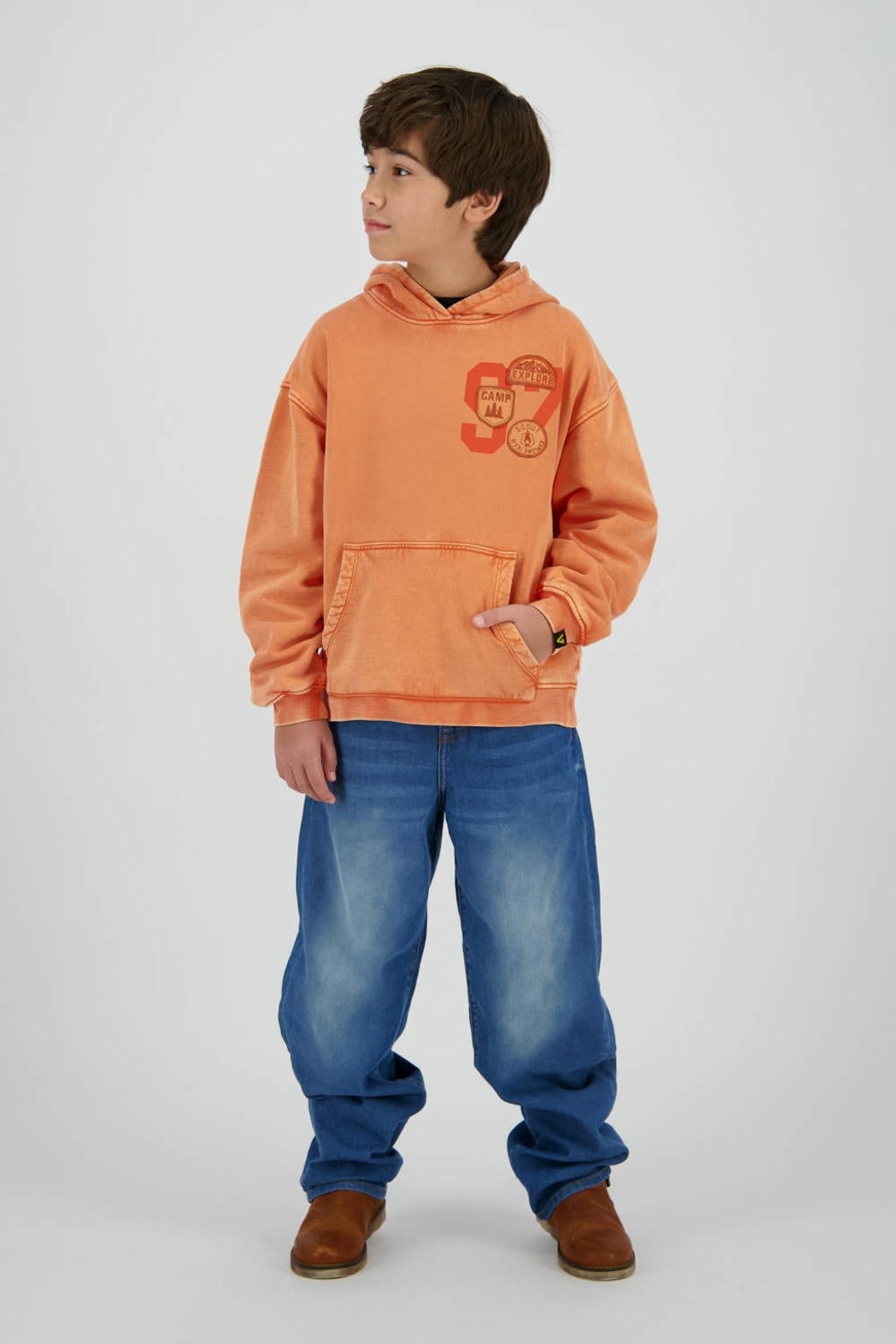 Oranje jongens Vingino hoodie van katoen met printopdruk, lange mouwen en capuchon