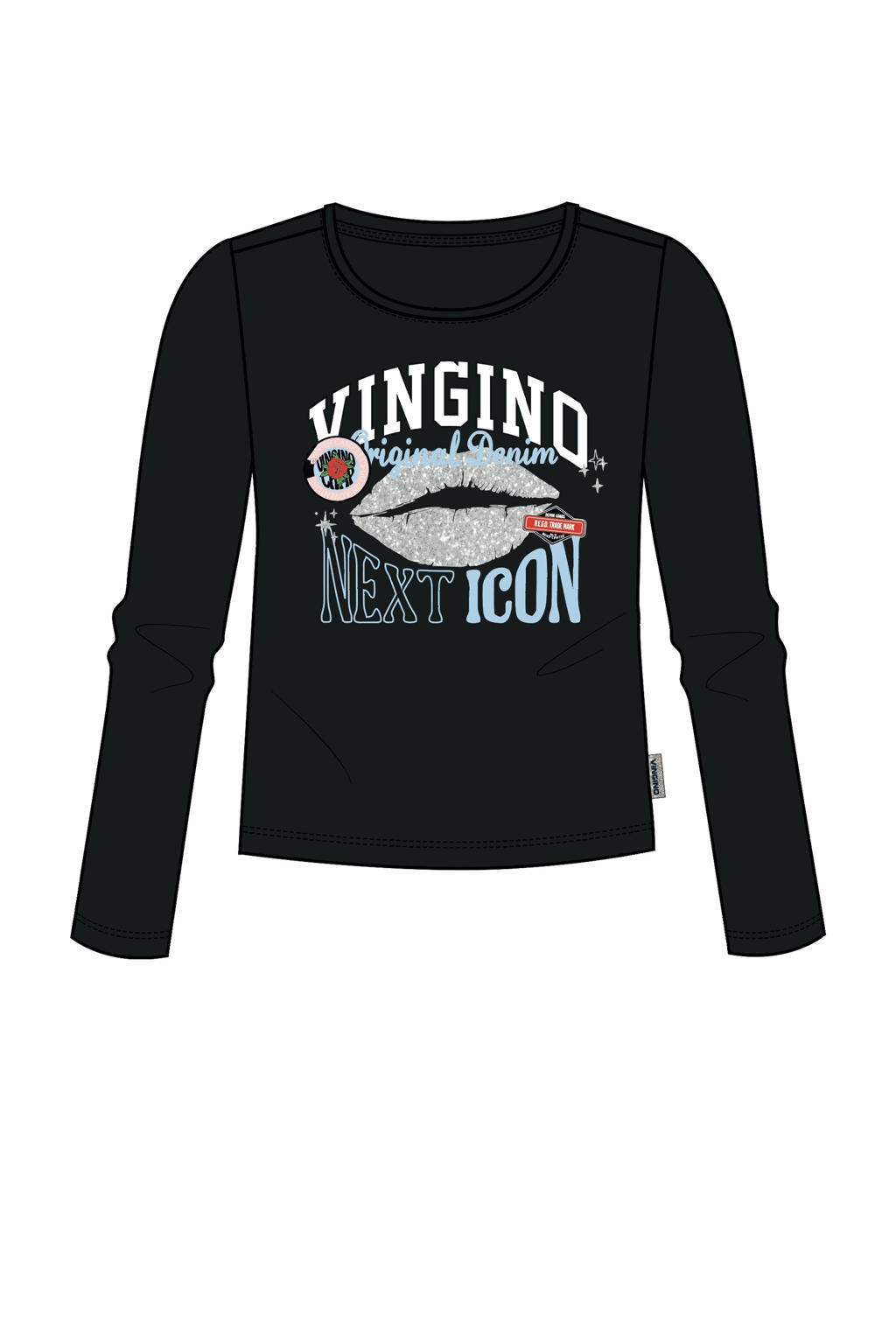 Zwarte meisjes Vingino longsleeve van stretchkatoen met printopdruk, lange mouwen en ronde hals