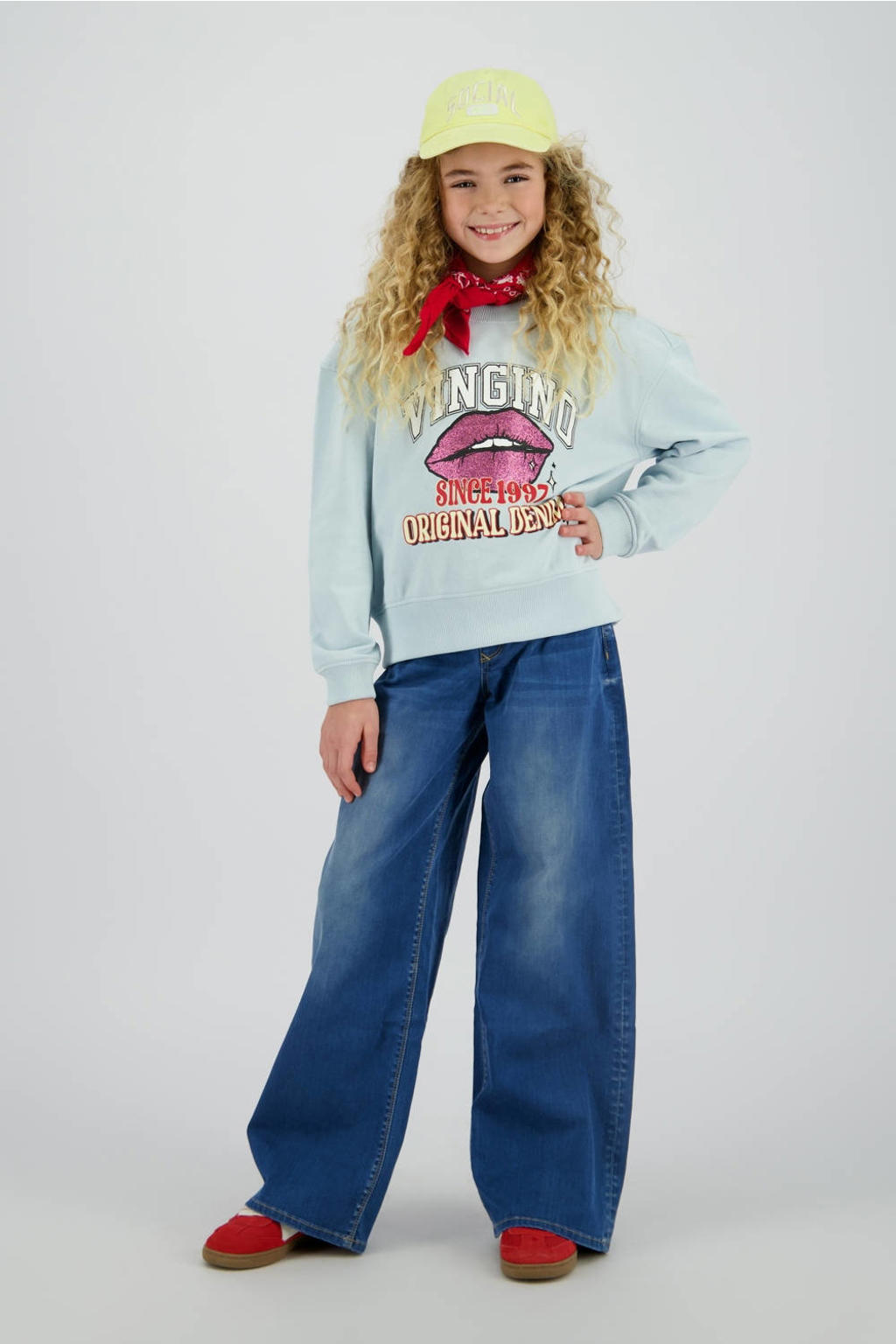 Blauwe meisjes Vingino sweater van katoen met printopdruk, lange mouwen en ronde hals