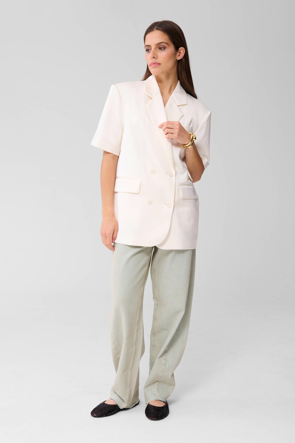 Ecru dames Shoeby regular blazer van polyester met effen, korte mouwen, button down sluiting en knoopsluiting