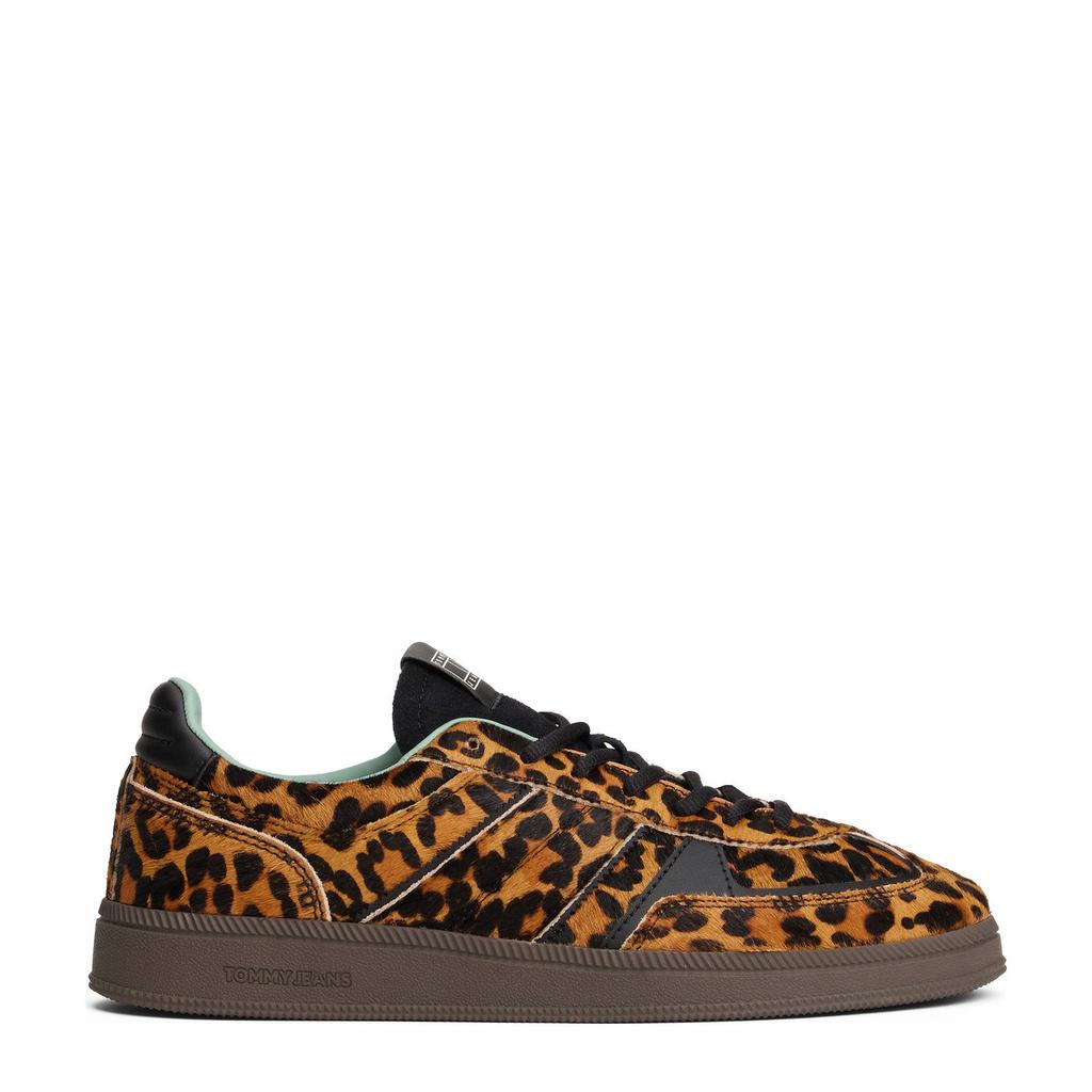 Cognackleurige dames Tommy Jeans The Greenwich leren sneakers met veters en panterprint
