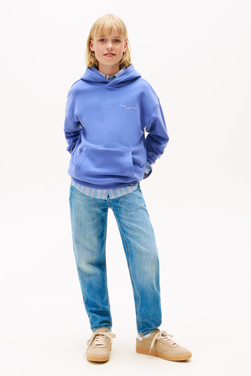 Blauwe jongens en meisjes Tommy Hilfiger hoodie van sweat materiaal met logo dessin, lange mouwen en capuchon